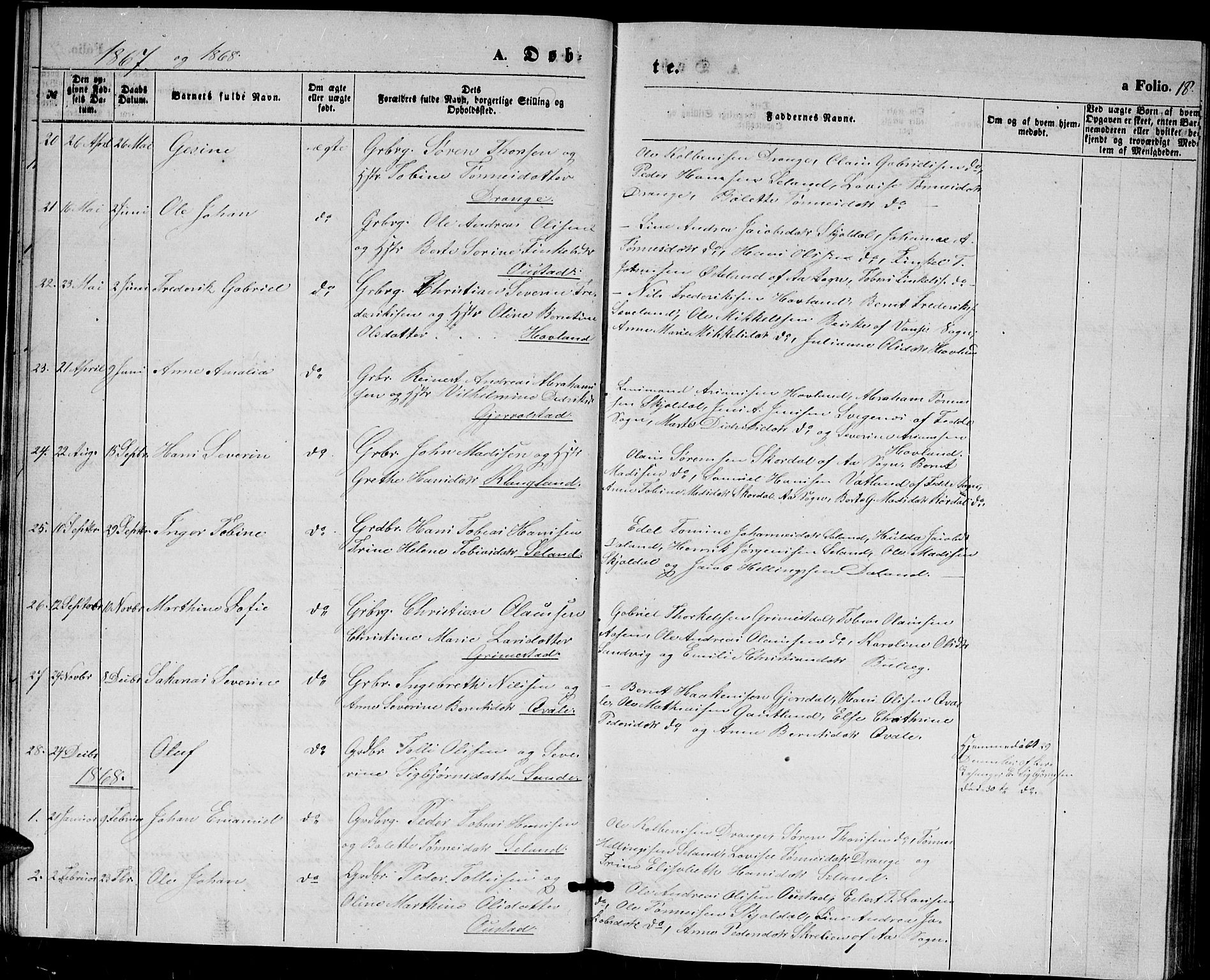 Herad sokneprestkontor, AV/SAK-1111-0018/F/Fb/Fba/L0003: Parish register (copy) no. B 3, 1863-1883, p. 18