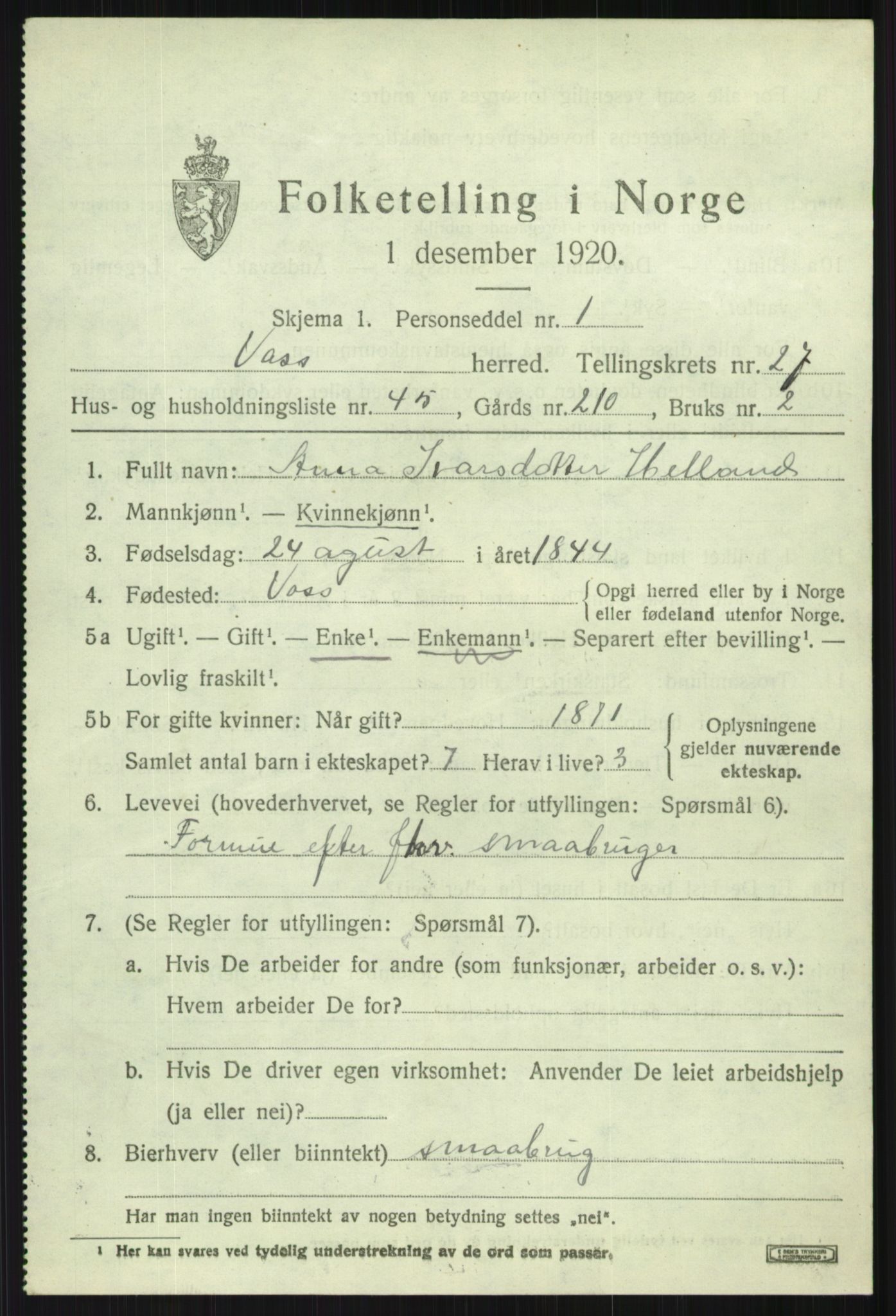 SAB, 1920 census for Voss, 1920, p. 18913