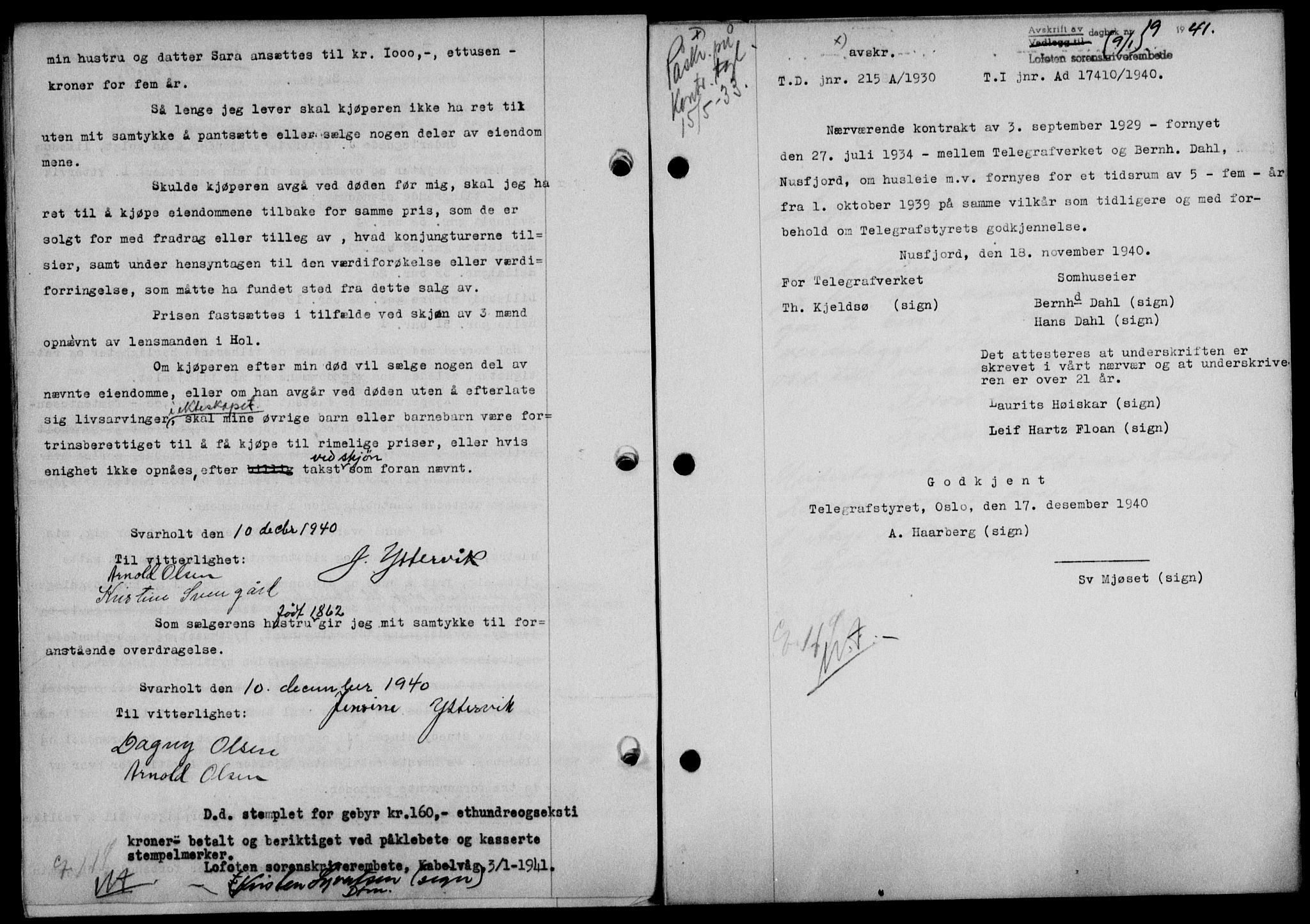 Lofoten sorenskriveri, SAT/A-0017/1/2/2C/L0008a: Mortgage book no. 8a, 1940-1941, Diary no: : 19/1941