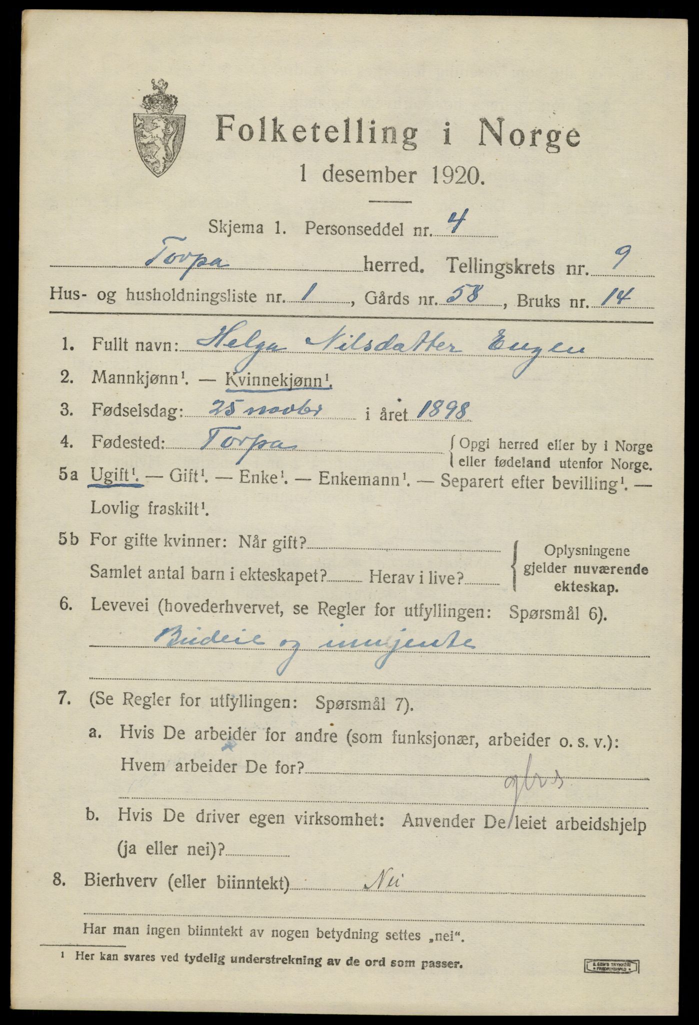 SAH, 1920 census for Torpa, 1920, p. 5237