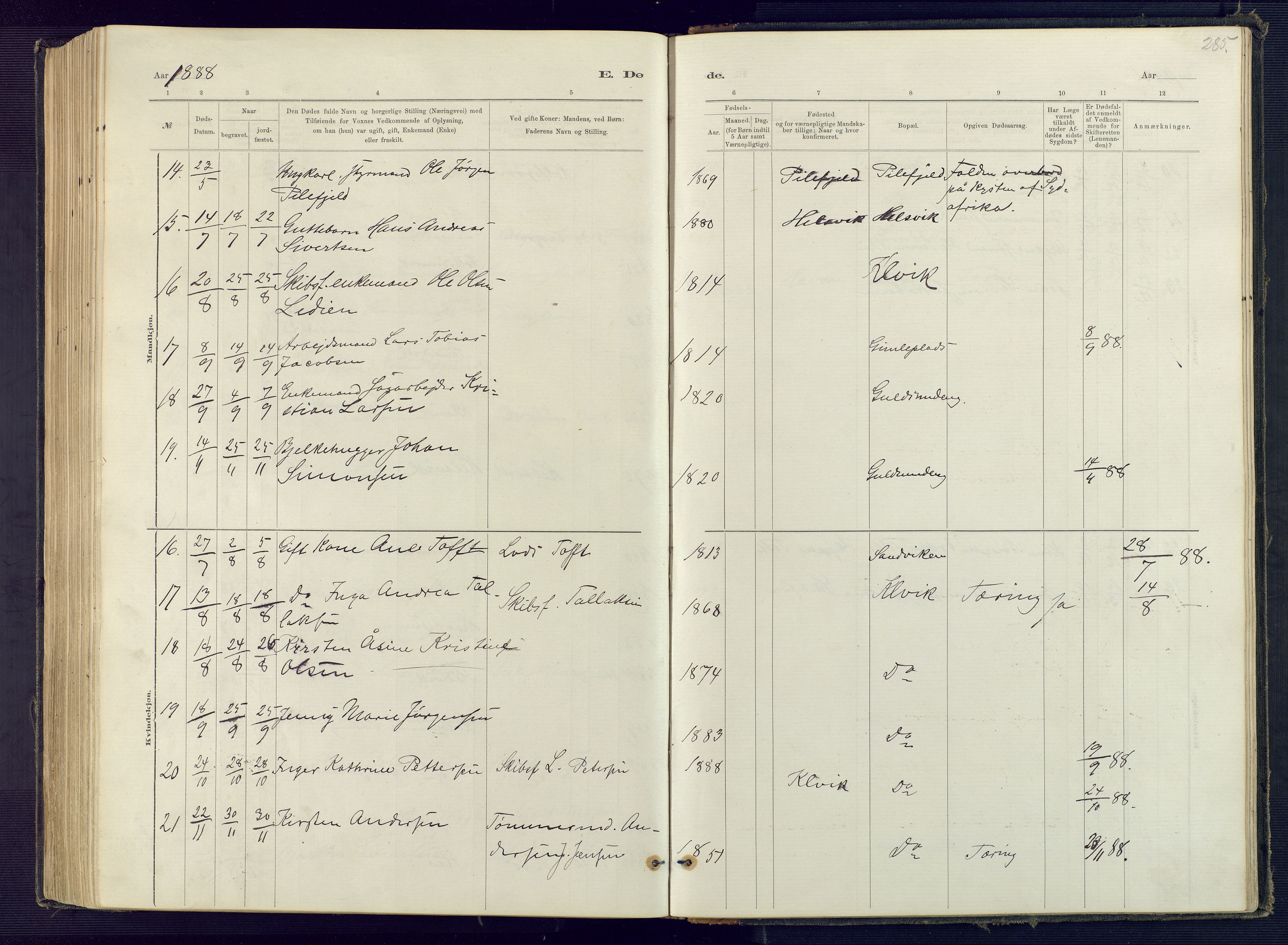 Hisøy sokneprestkontor, SAK/1111-0020/F/Fb/L0003: Parish register (copy) no. B 3, 1885-1905, p. 285