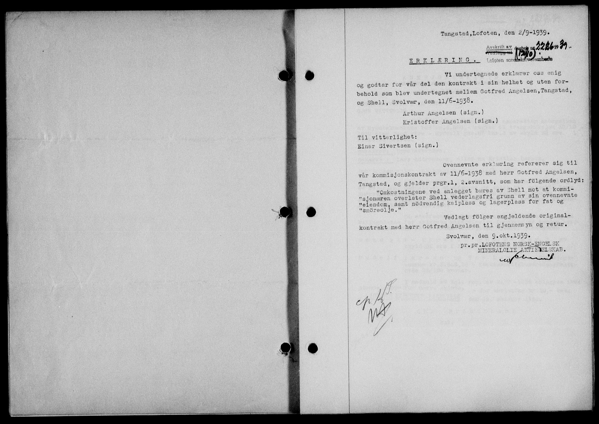 Lofoten sorenskriveri, SAT/A-0017/1/2/2C/L0006a: Mortgage book no. 6a, 1939-1939, Diary no: : 2226/1939