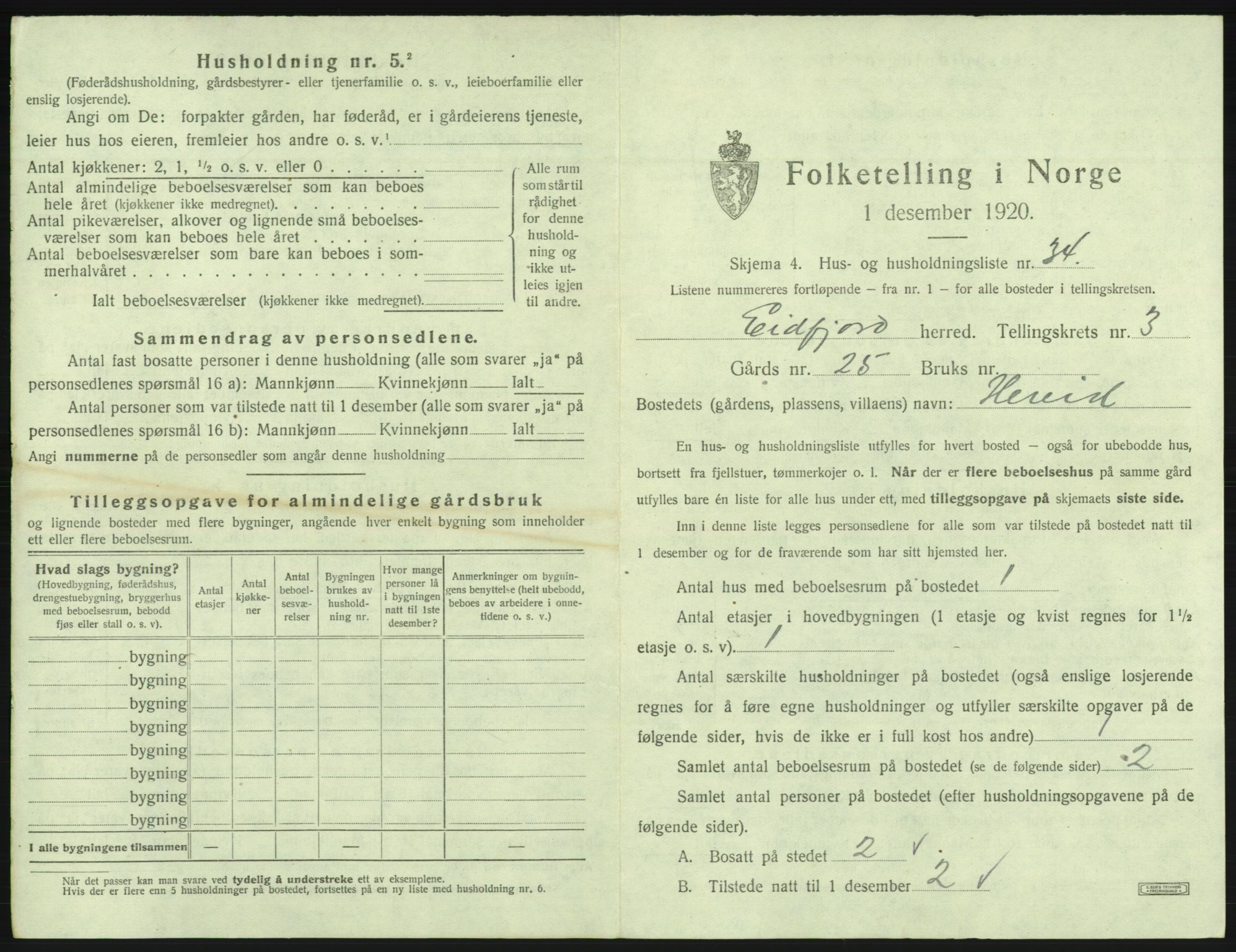 SAB, 1920 census for Eidfjord, 1920, p. 202