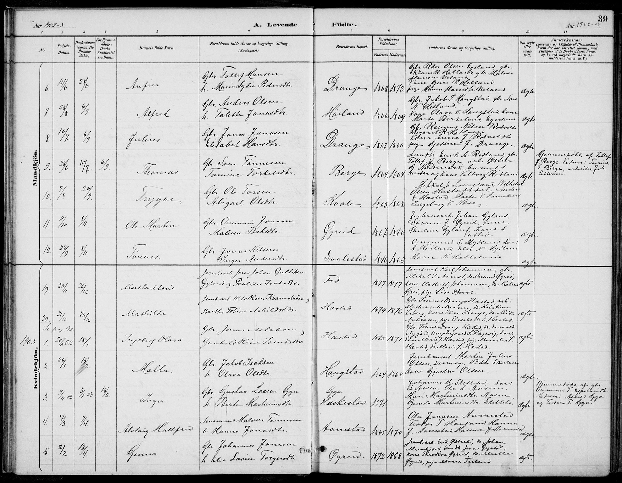 Helleland sokneprestkontor, SAST/A-101810: Parish register (copy) no. B 4, 1887-1941, p. 39