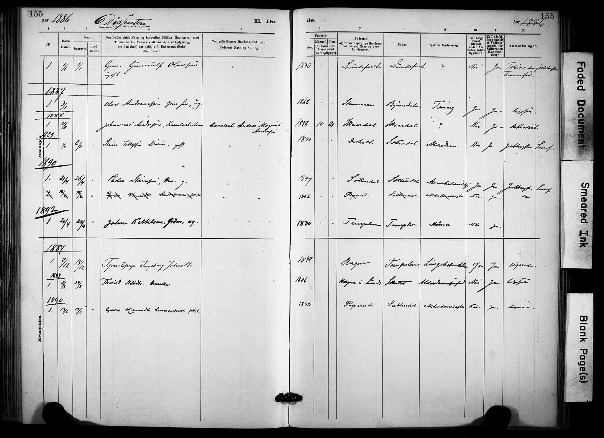 Lunde kirkebøker, SAKO/A-282/F/Fa/L0002: Parish register (official) no. I 2, 1884-1892, p. 155