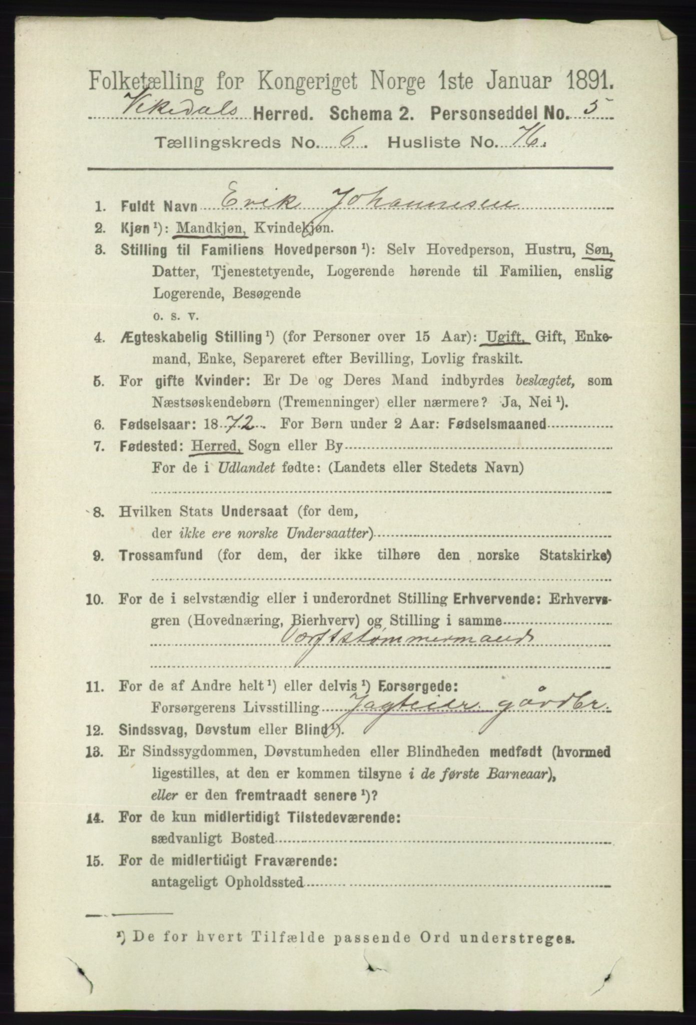 RA, 1891 census for 1157 Vikedal, 1891, p. 1978