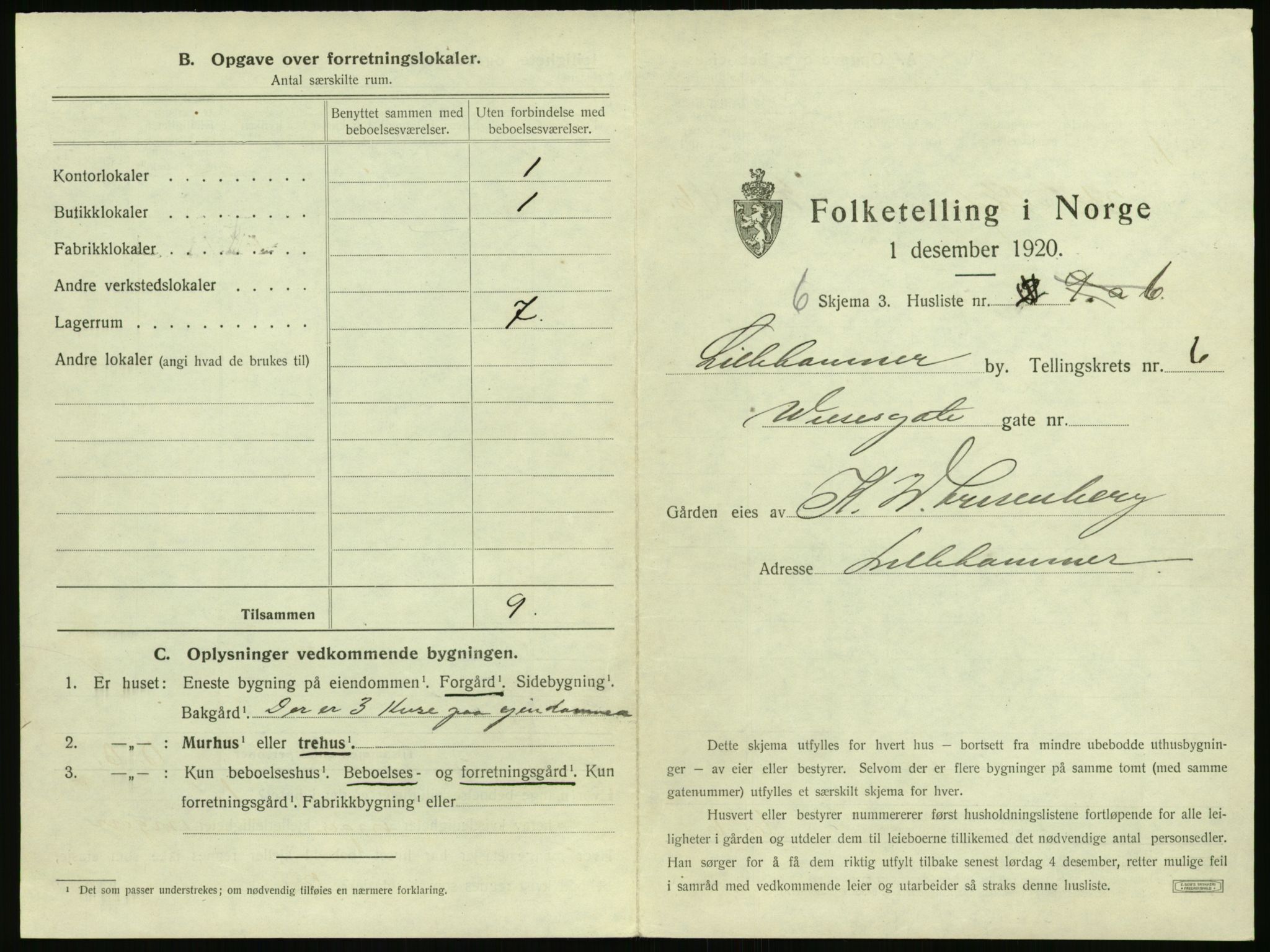 SAH, 1920 census for Lillehammer, 1920, p. 624