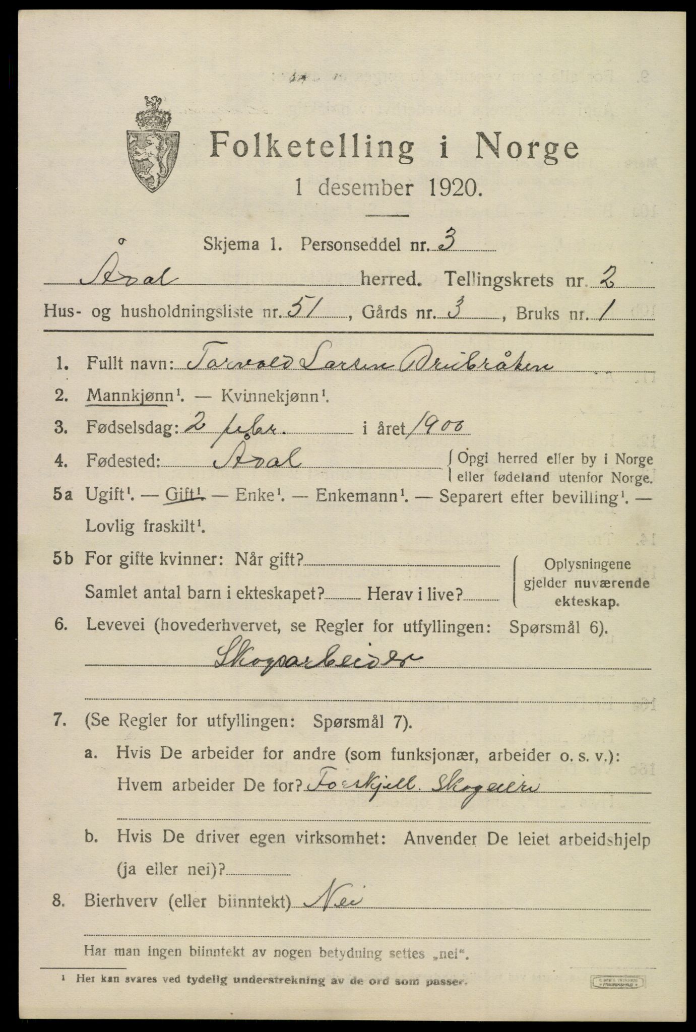 SAKO, 1920 census for Ådal, 1920, p. 2776