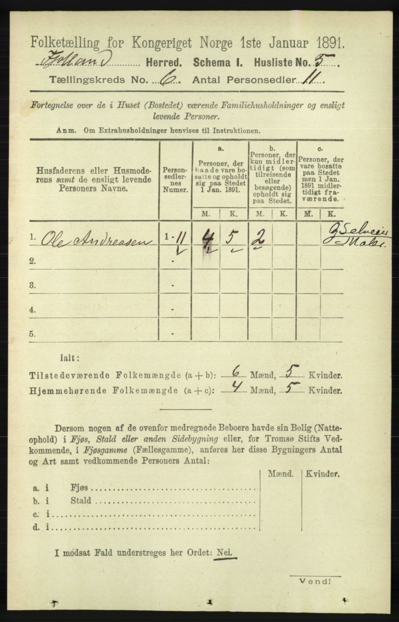 RA, 1891 census for 1036 Fjotland, 1891, p. 841