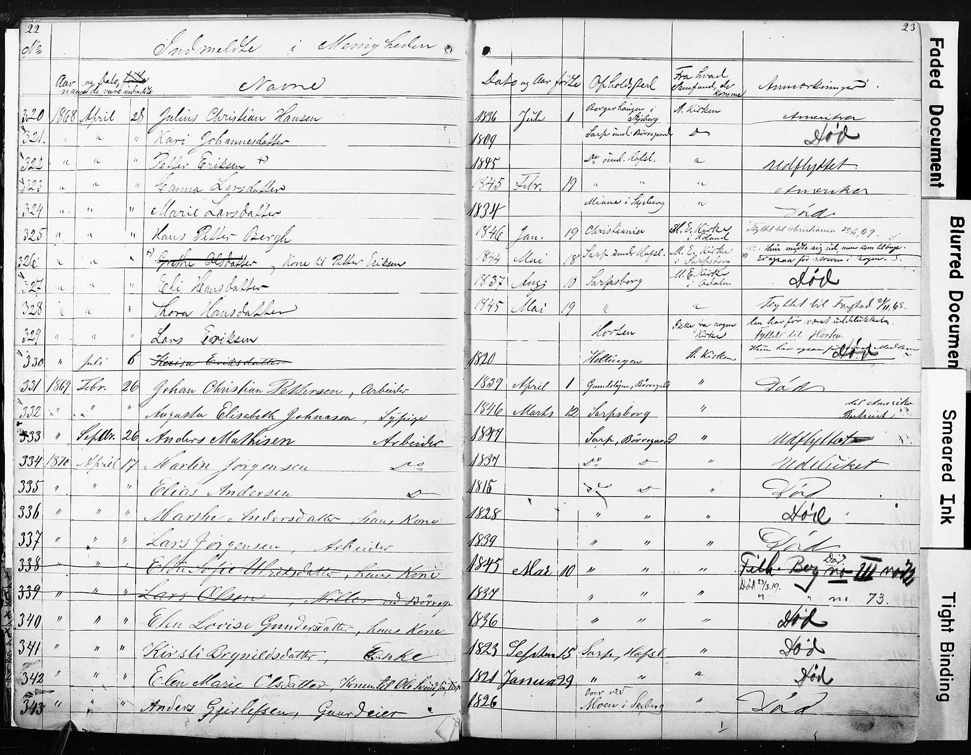 Sarpsborg metodistkirke, SAO/PAO-0233/A/L0001: Dissenter register no. 1, 1856-1875, p. 22-23