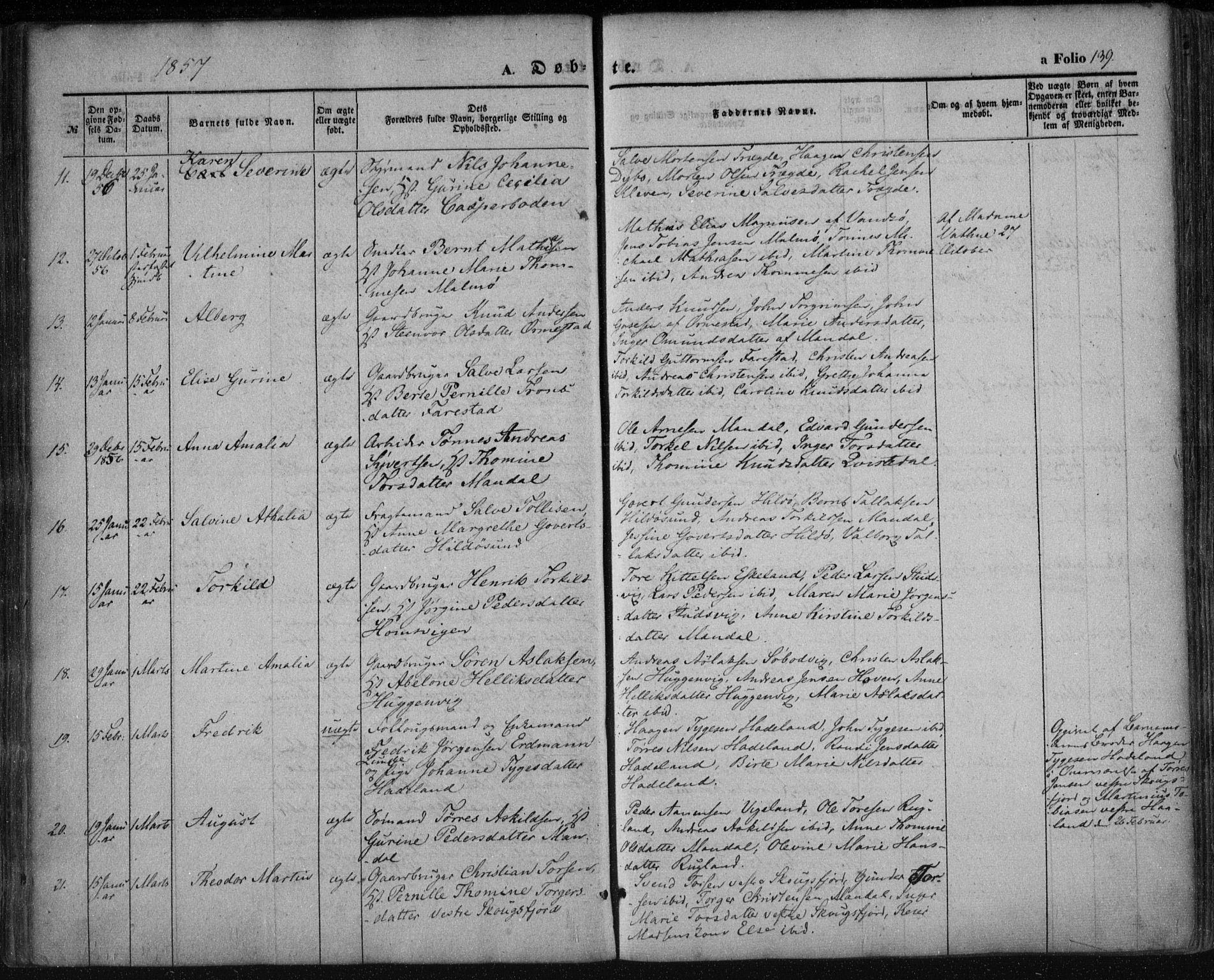 Mandal sokneprestkontor, SAK/1111-0030/F/Fa/Faa/L0013: Parish register (official) no. A 13, 1847-1859, p. 139