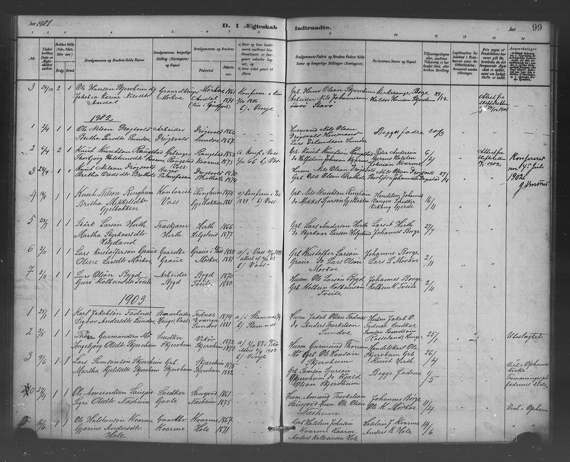 Vossestrand Sokneprestembete, SAB/A-79101/H/Hab: Parish register (copy) no. B 3, 1880-1907, p. 99