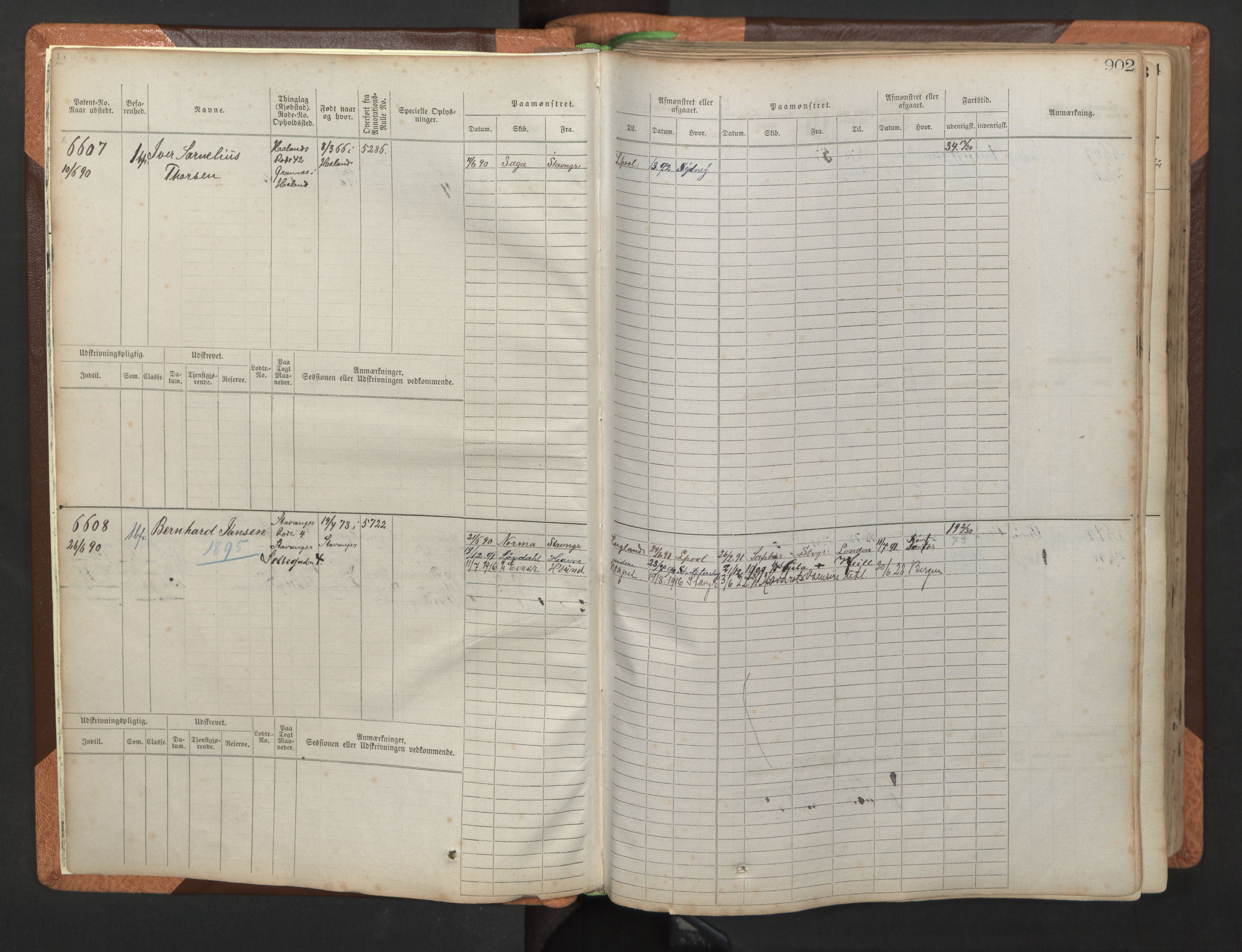 Stavanger sjømannskontor, SAST/A-102006/F/Fb/Fbb/L0011: Sjøfartshovedrulle, patentnr. 6607-7206 (del 2), 1887-1896, p. 5