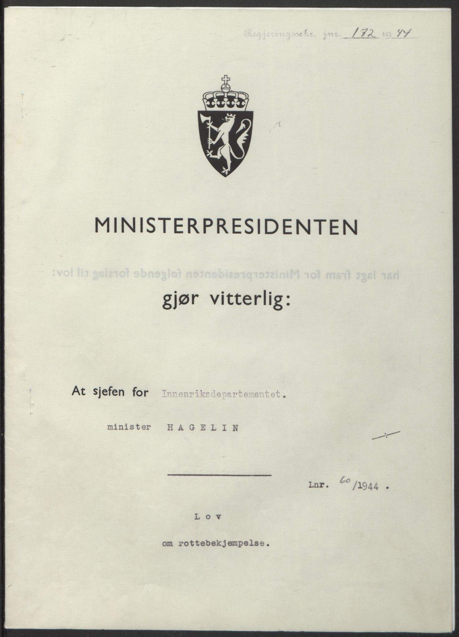 NS-administrasjonen 1940-1945 (Statsrådsekretariatet, de kommisariske statsråder mm), RA/S-4279/D/Db/L0100: Lover, 1944, p. 280