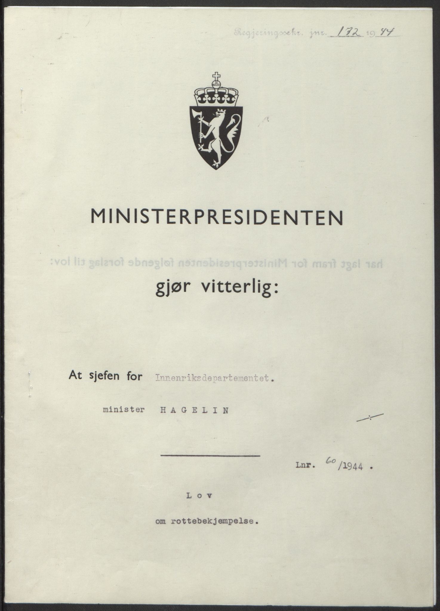 NS-administrasjonen 1940-1945 (Statsrådsekretariatet, de kommisariske statsråder mm), AV/RA-S-4279/D/Db/L0100: Lover, 1944, p. 280