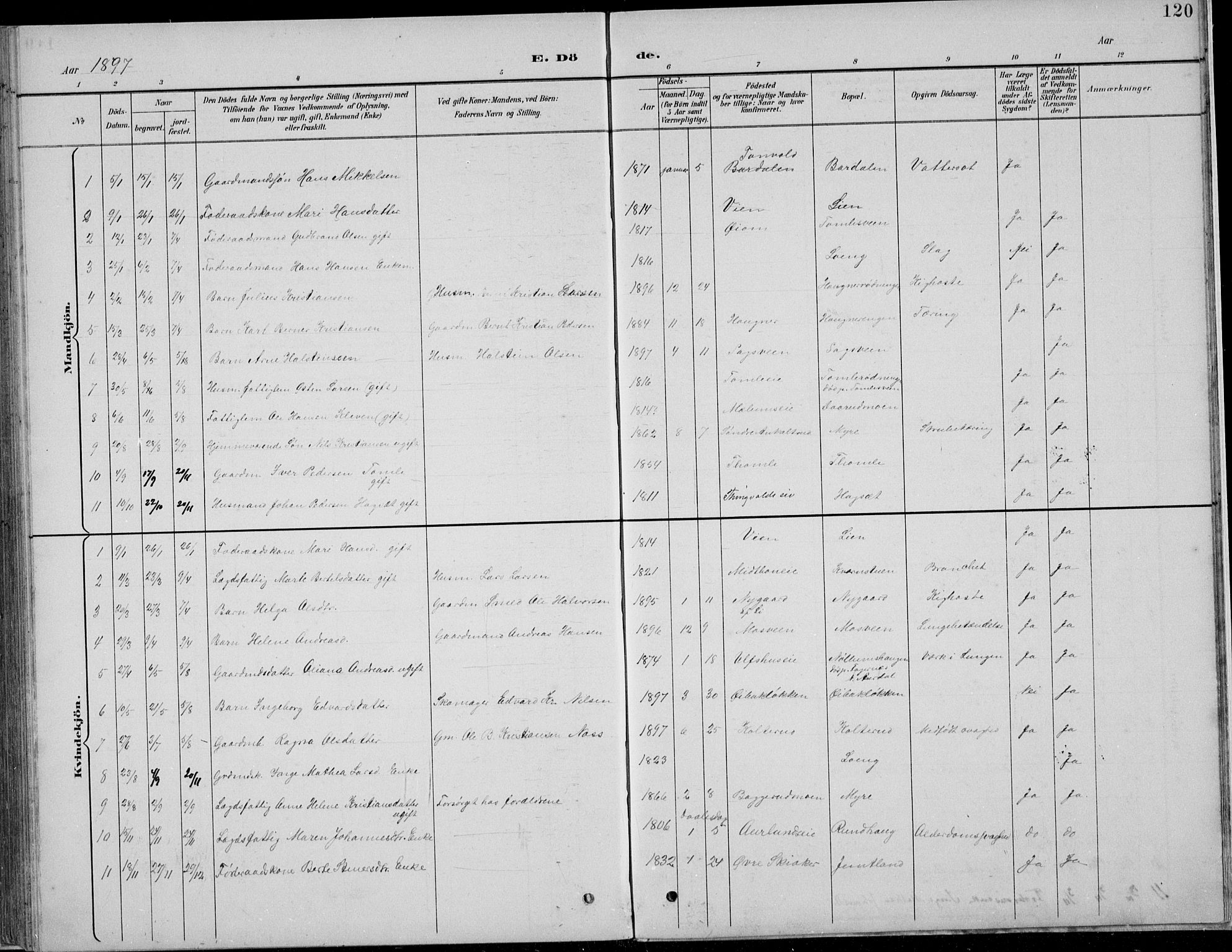 Nordre Land prestekontor, SAH/PREST-124/H/Ha/Hab/L0013: Parish register (copy) no. 13, 1891-1904, p. 120
