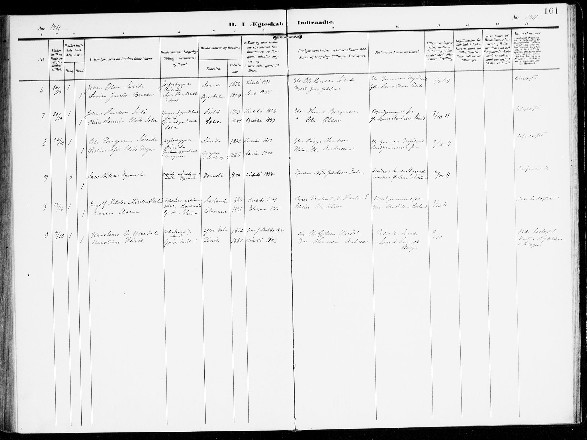 Lavik sokneprestembete, AV/SAB-A-80901: Parish register (official) no. C 2, 1904-1921, p. 161