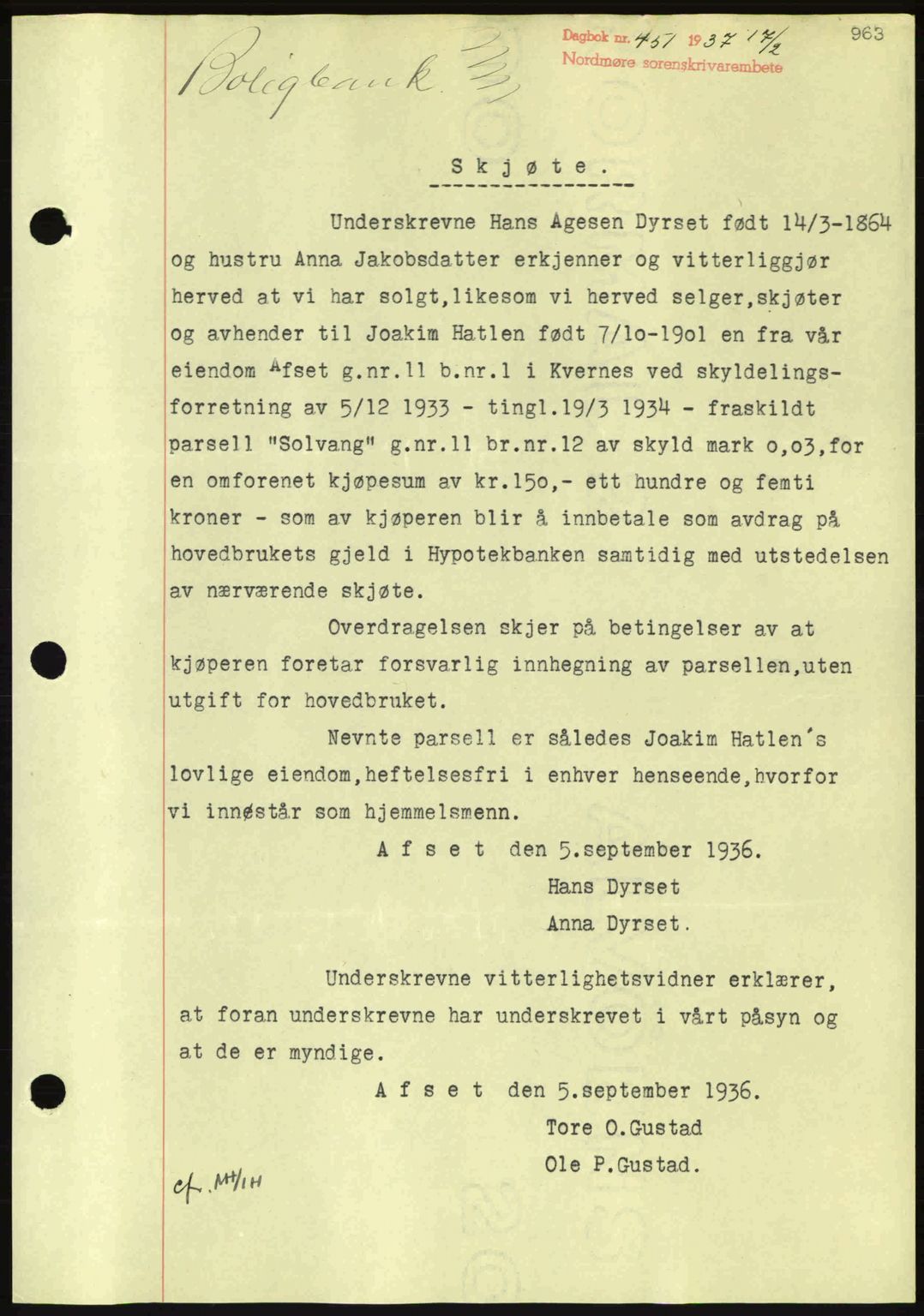 Nordmøre sorenskriveri, AV/SAT-A-4132/1/2/2Ca: Mortgage book no. A80, 1936-1937, Diary no: : 451/1937