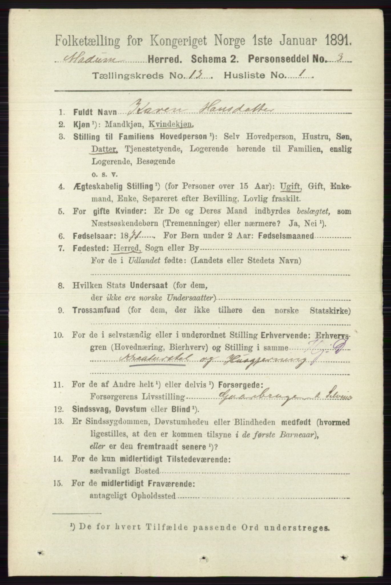 RA, 1891 census for 0623 Modum, 1891, p. 4952