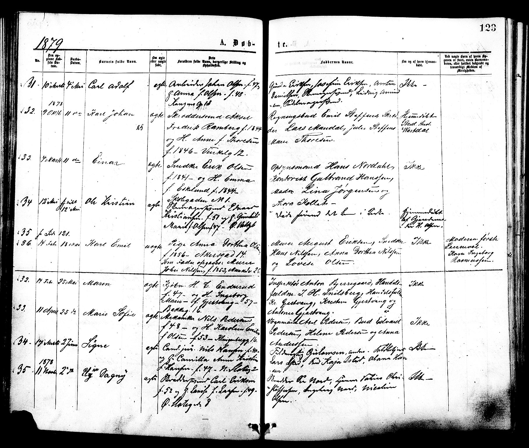 Johannes prestekontor Kirkebøker, SAO/A-10852/F/Fa/L0001: Parish register (official) no. 1, 1875-1881, p. 123