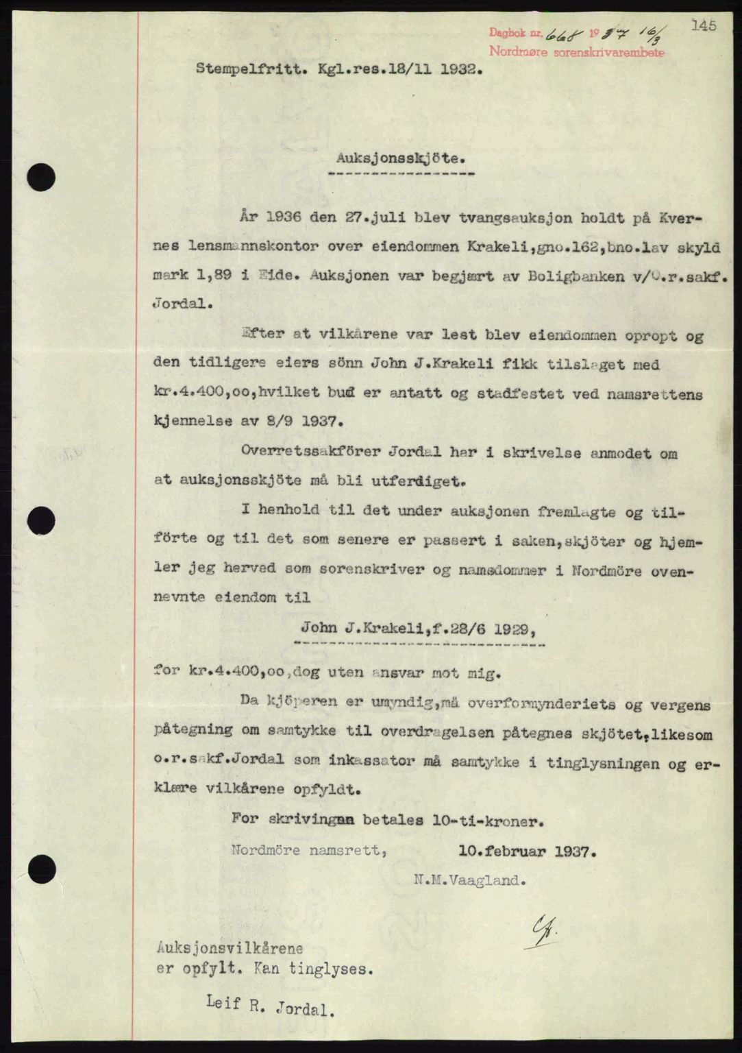 Nordmøre sorenskriveri, AV/SAT-A-4132/1/2/2Ca: Mortgage book no. A81, 1937-1937, Diary no: : 668/1937