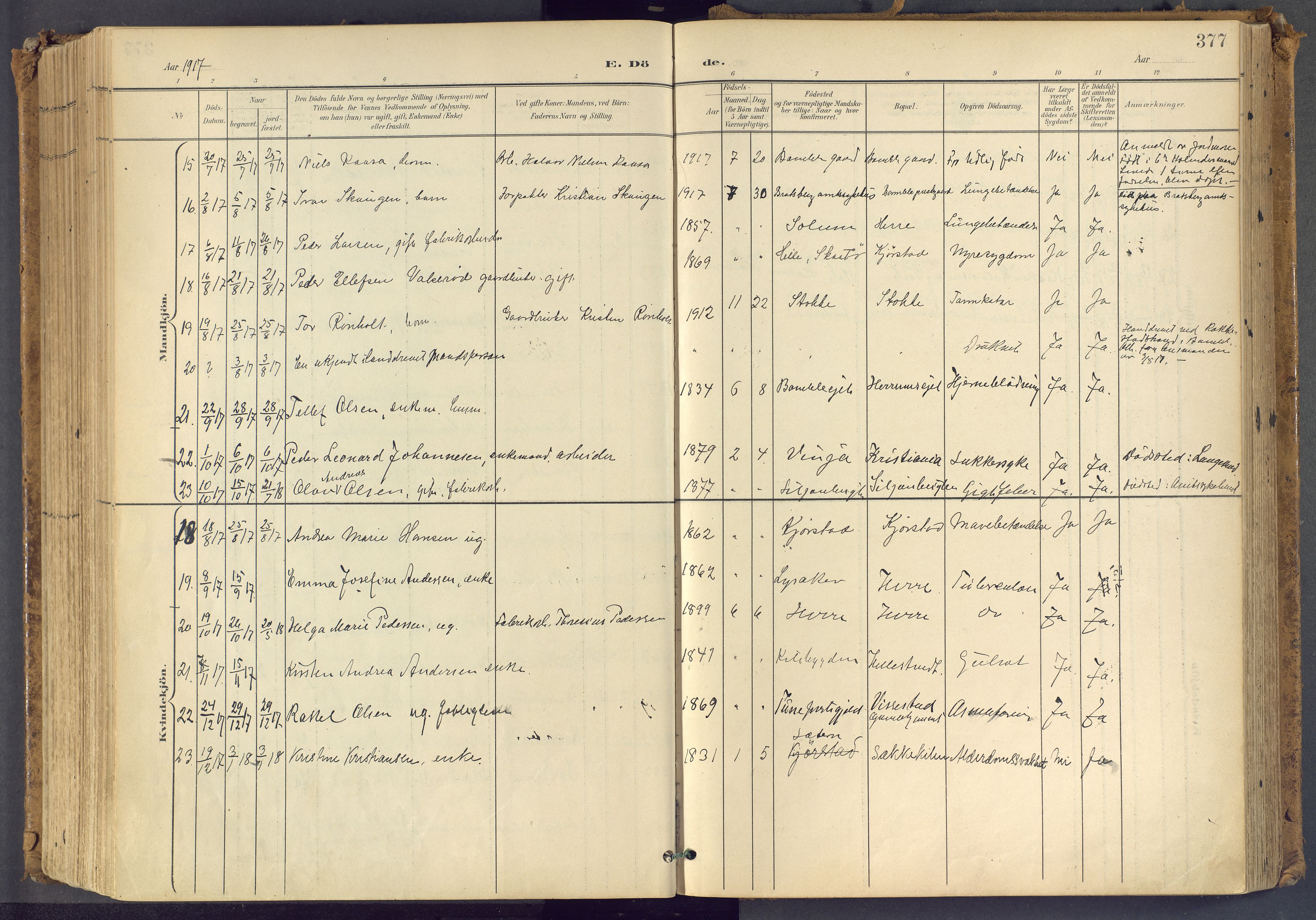 Bamble kirkebøker, AV/SAKO-A-253/F/Fa/L0009: Parish register (official) no. I 9, 1901-1917, p. 377