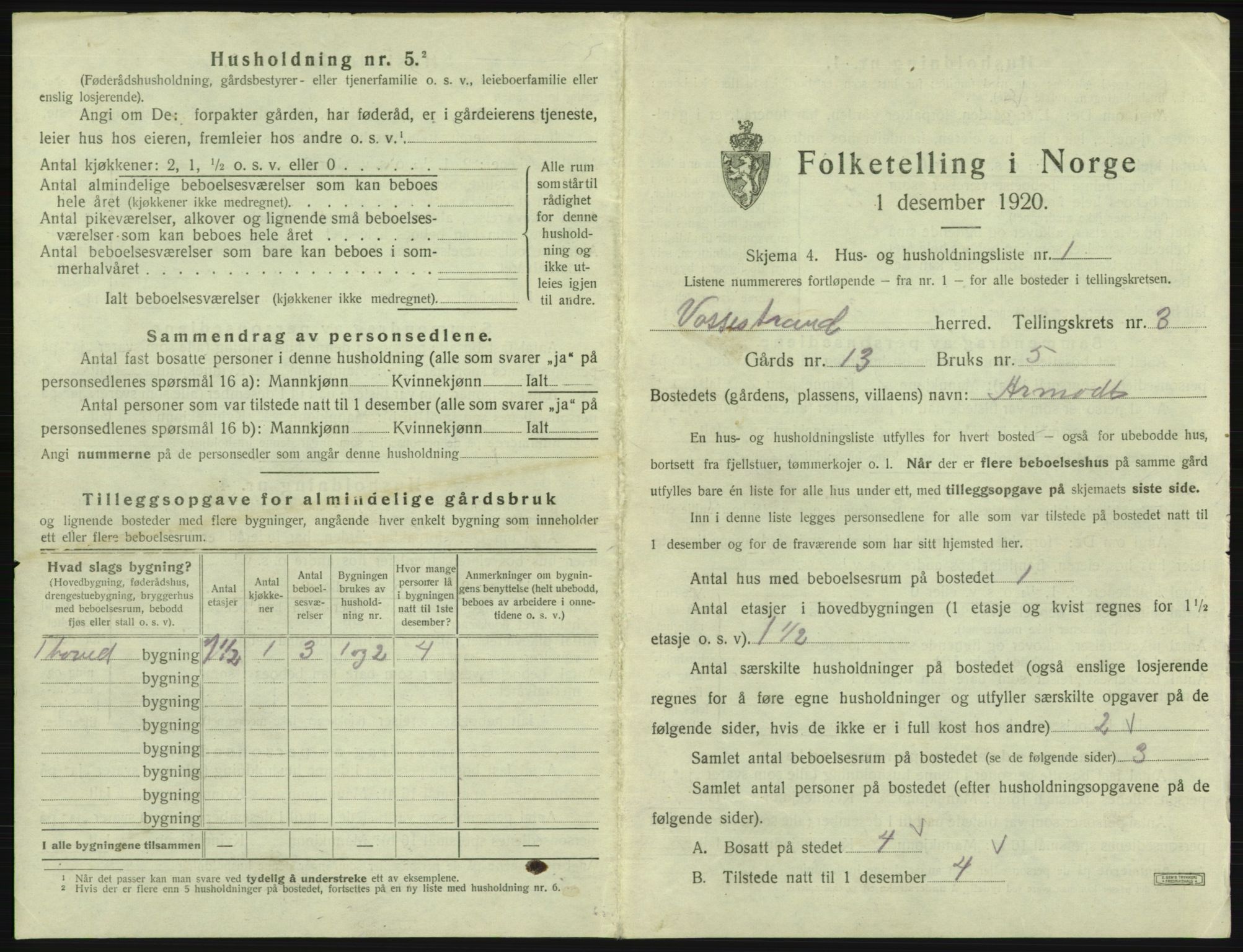 SAB, 1920 census for Vossestrand, 1920, p. 170