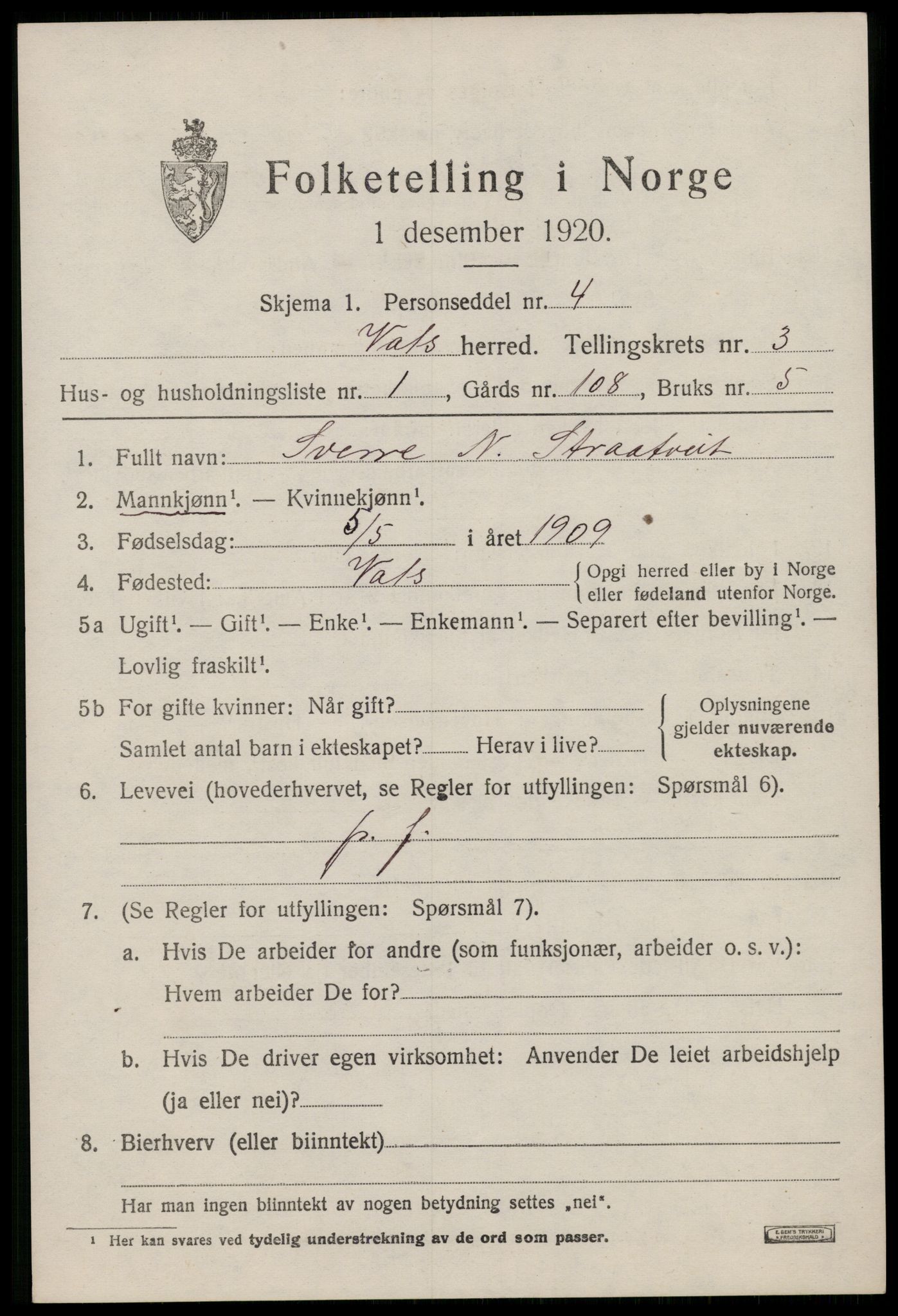 SAST, 1920 census for Vats, 1920, p. 1087