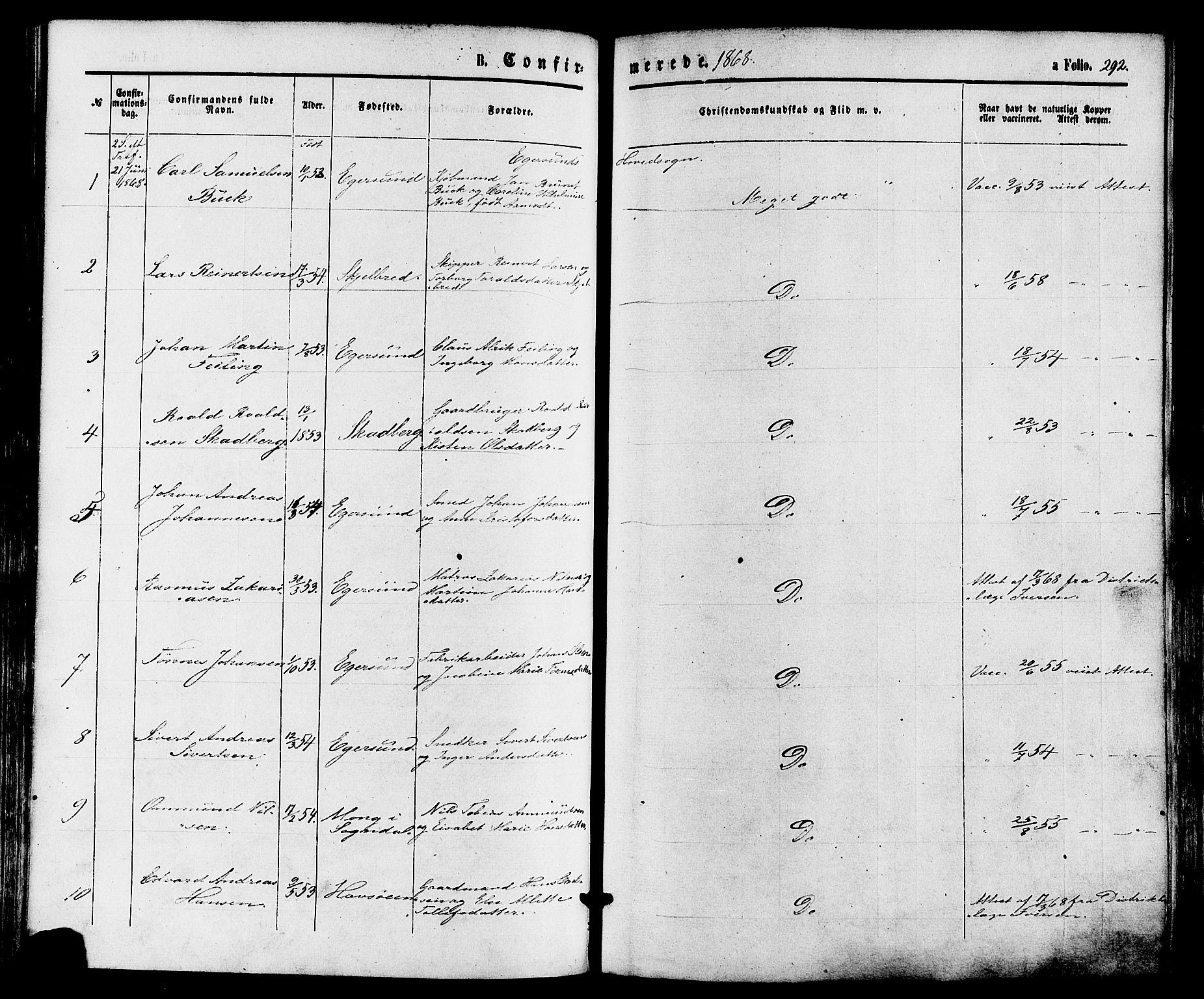 Eigersund sokneprestkontor, SAST/A-101807/S08/L0014: Parish register (official) no. A 13, 1866-1878, p. 292