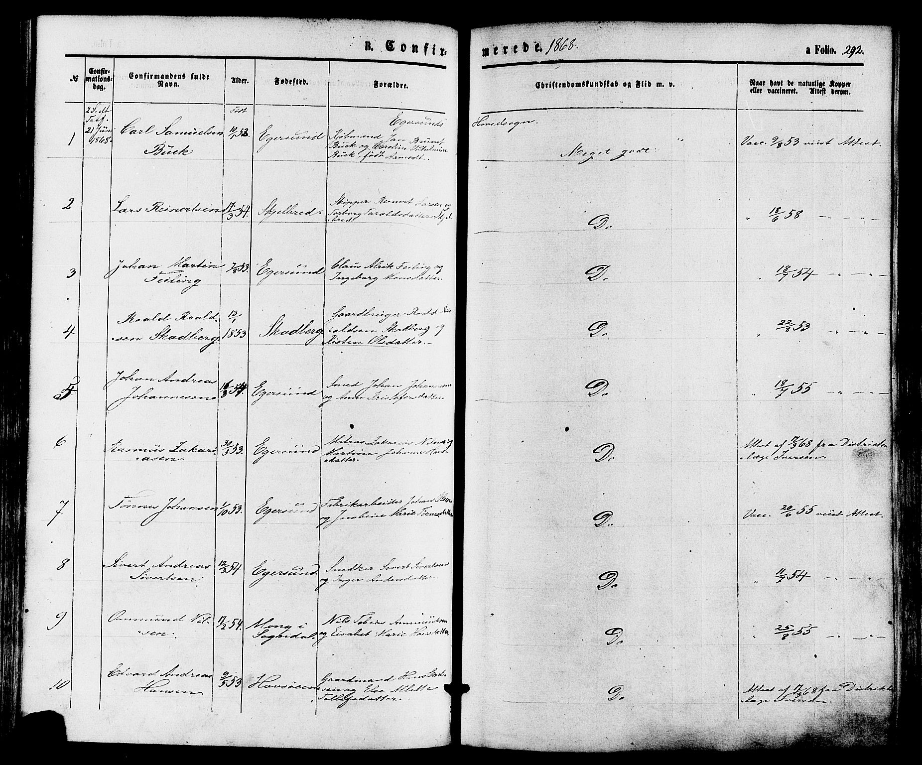 Eigersund sokneprestkontor, AV/SAST-A-101807/S08/L0014: Parish register (official) no. A 13, 1866-1878, p. 292