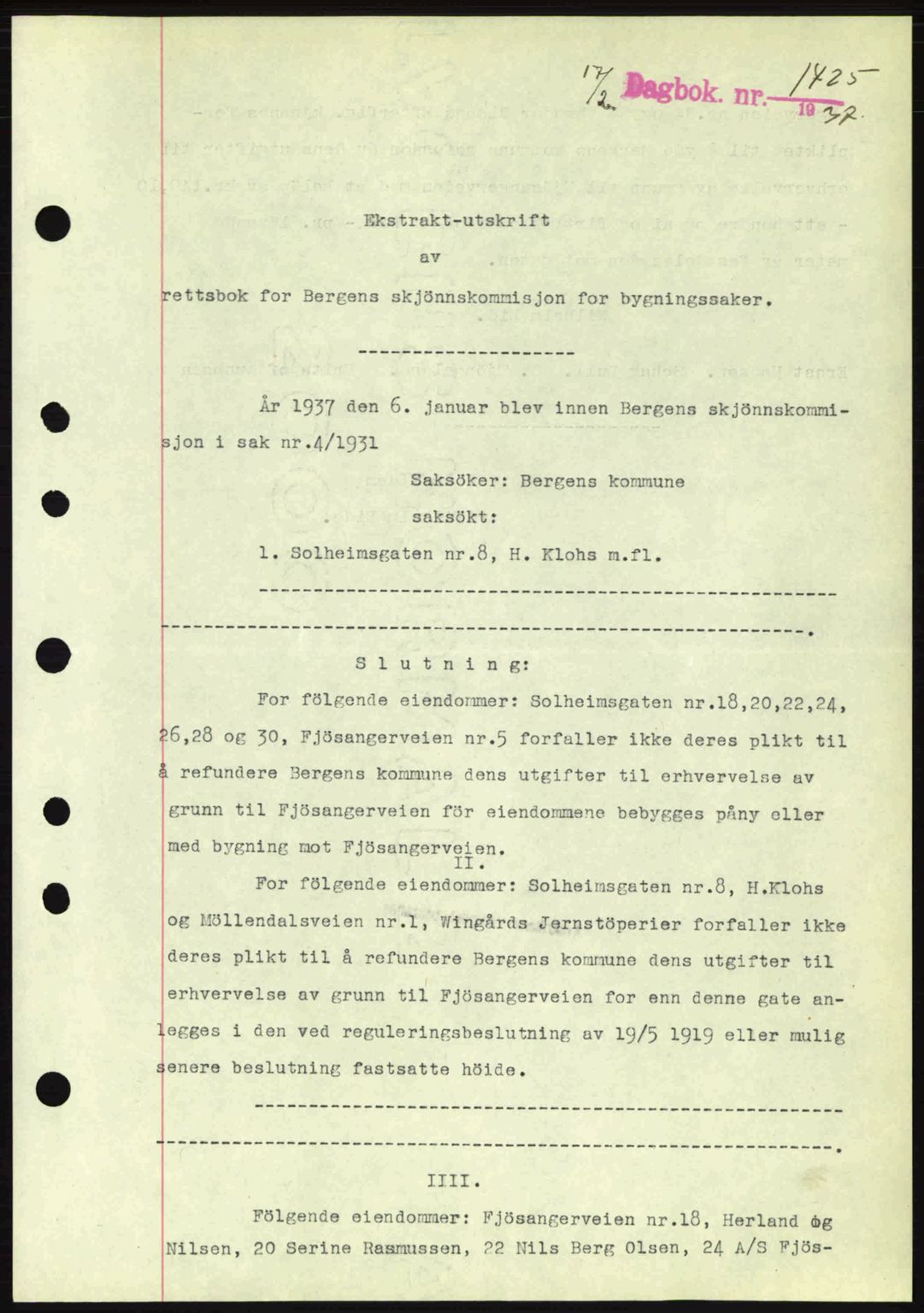 Byfogd og Byskriver i Bergen, SAB/A-3401/03/03Bc/L0004: Mortgage book no. A3-4, 1936-1937, Diary no: : 1425/1937