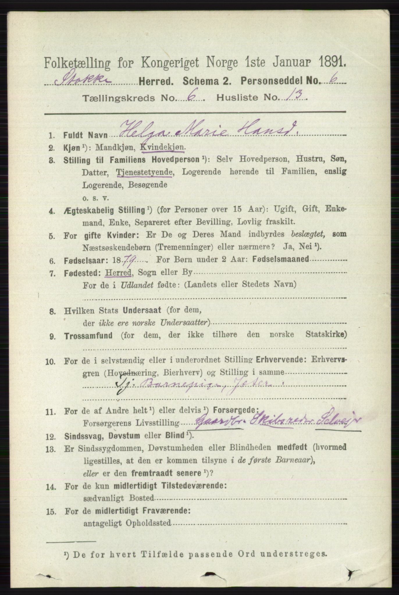 RA, 1891 census for 0720 Stokke, 1891, p. 3874