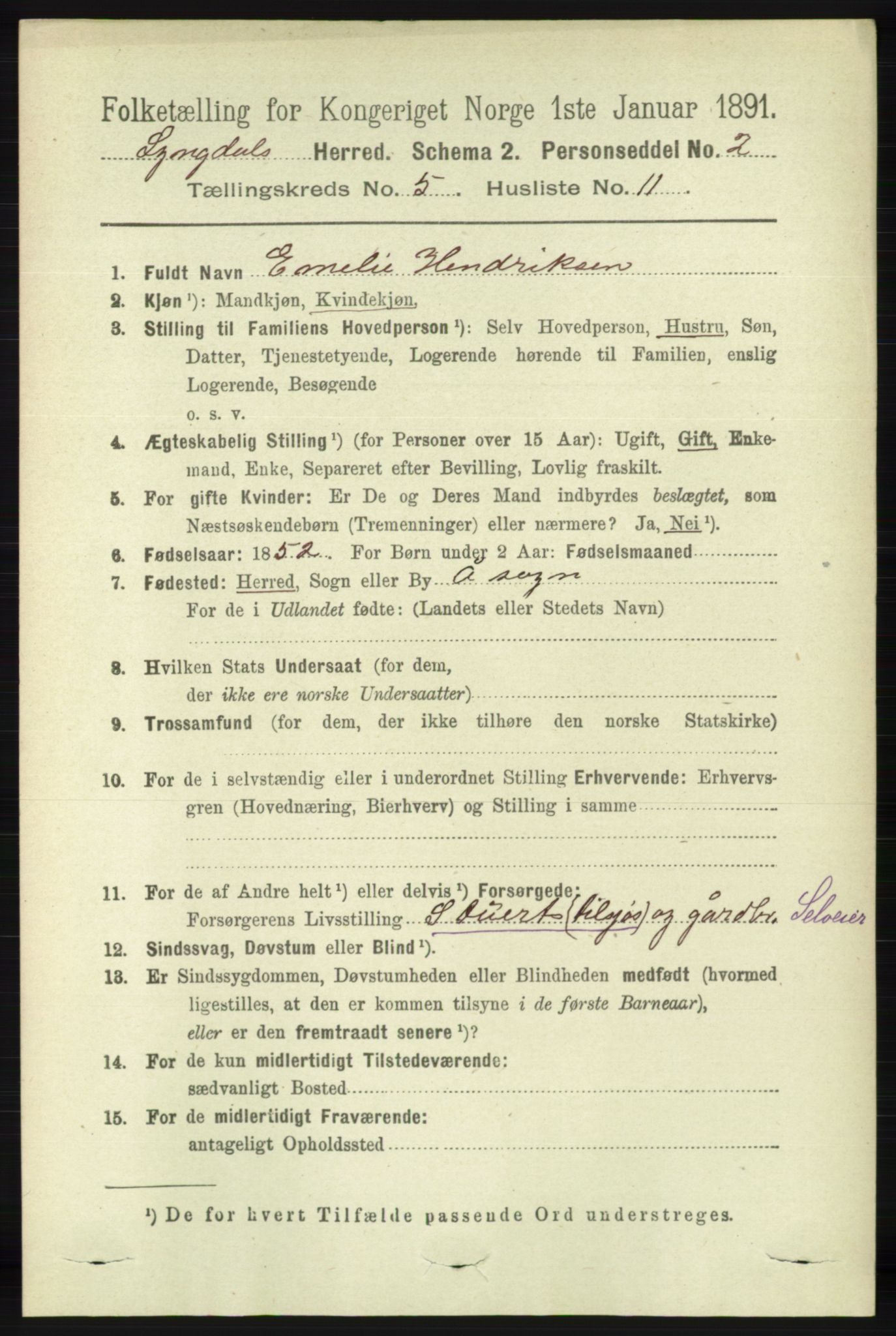 RA, 1891 census for 1032 Lyngdal, 1891, p. 1943