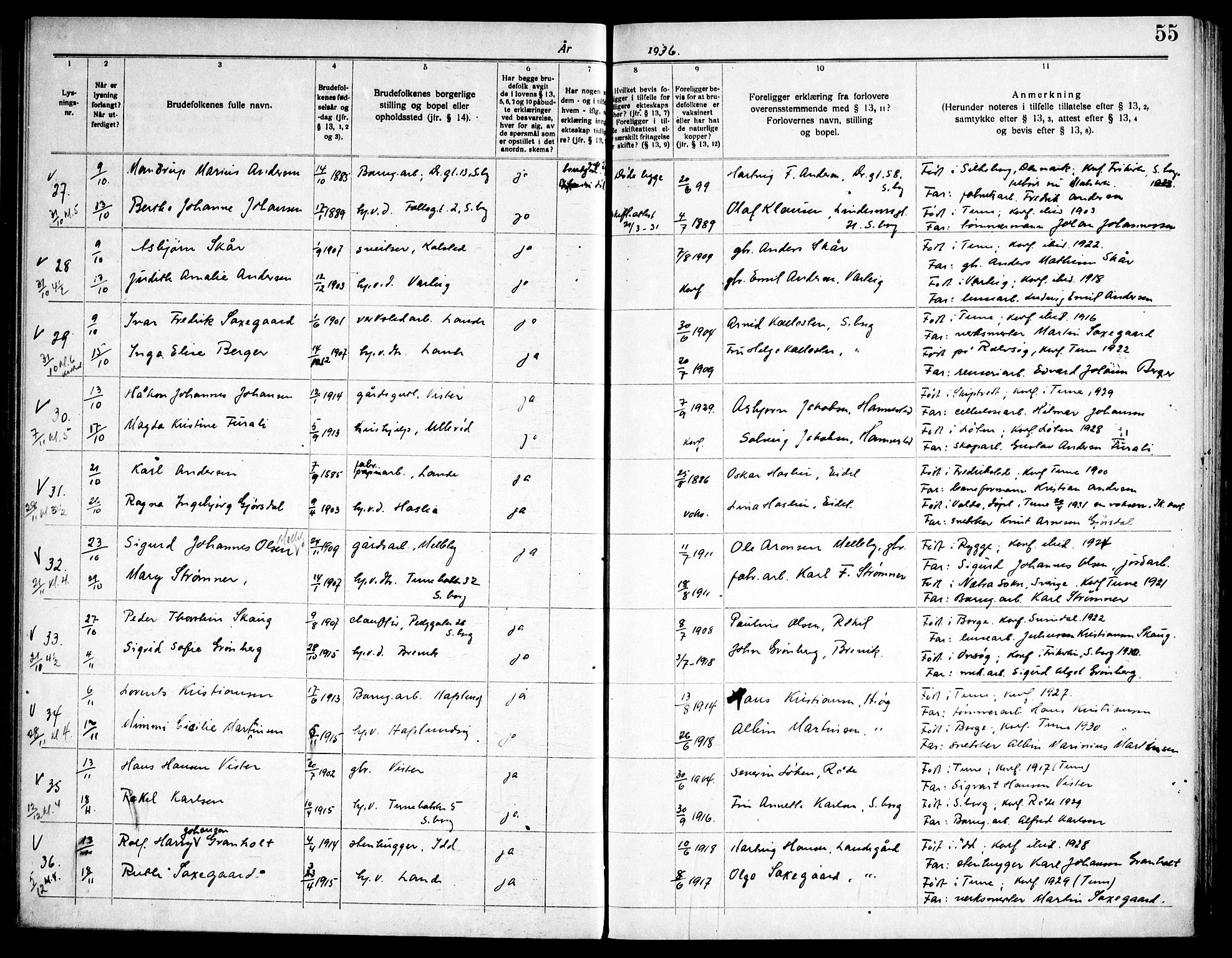Tune prestekontor Kirkebøker, AV/SAO-A-2007/H/Ha/L0001: Banns register no. I 1, 1919-1946, p. 55