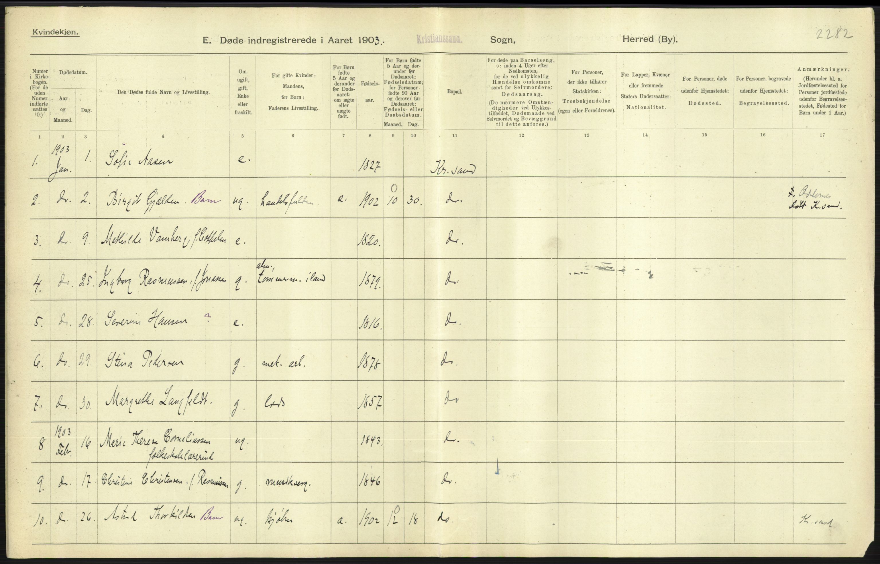 Statistisk sentralbyrå, Sosiodemografiske emner, Befolkning, AV/RA-S-2228/D/Df/Dfa/Dfaa/L0011: Lister og Mandal amt: Fødte, gifte, døde, 1903, p. 551