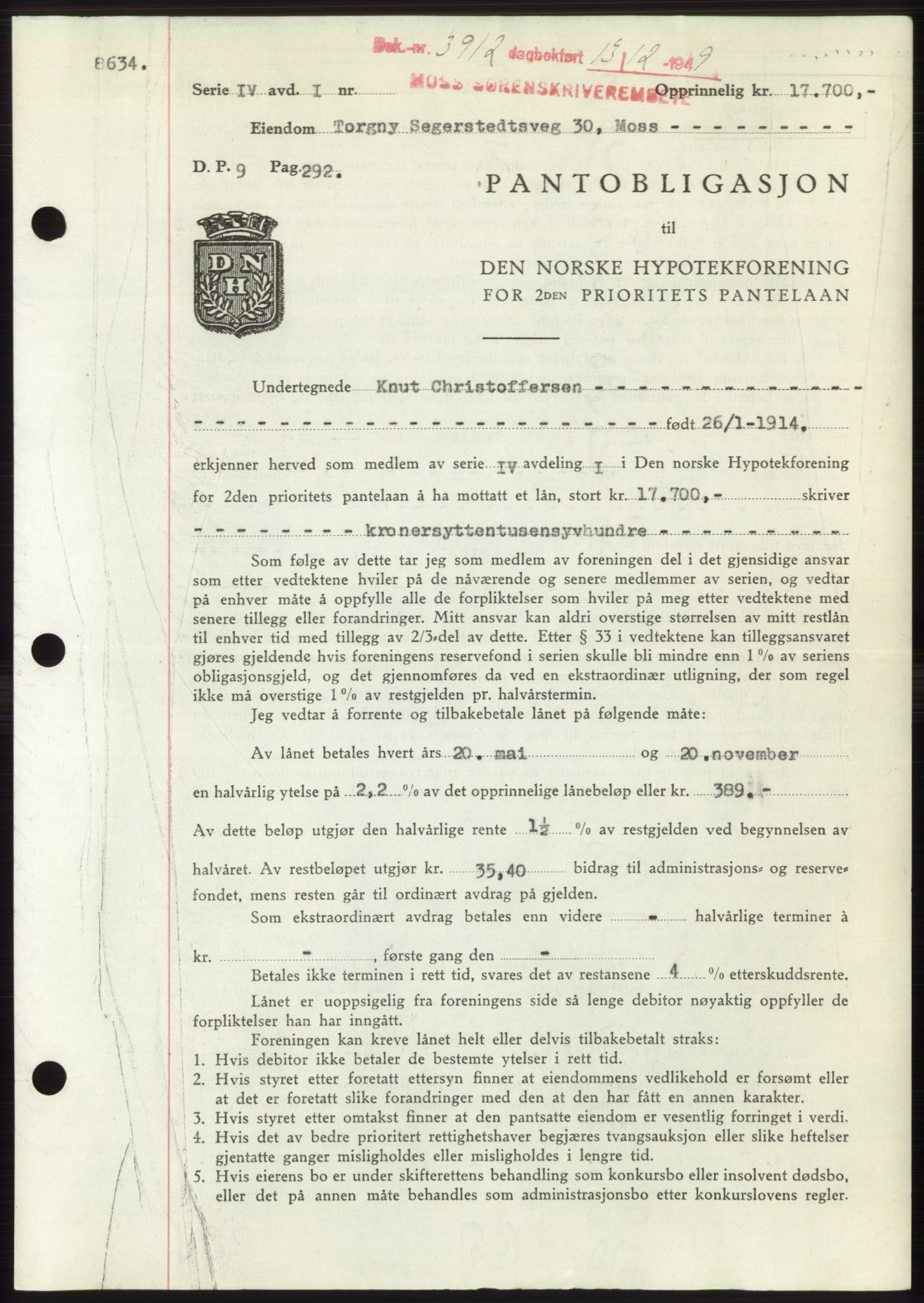 Moss sorenskriveri, SAO/A-10168: Mortgage book no. B23, 1949-1950, Diary no: : 3912/1949