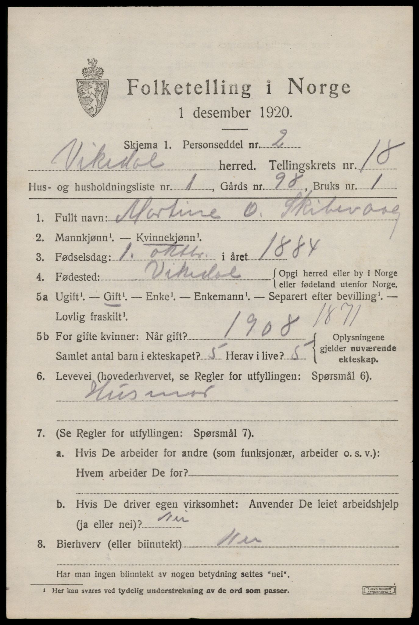 SAST, 1920 census for Vikedal, 1920, p. 5161