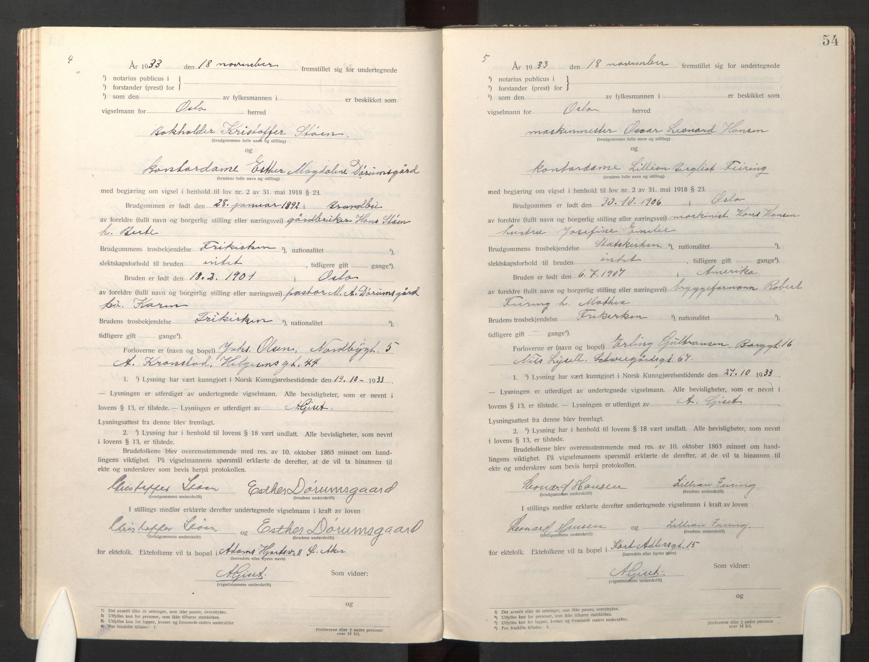 Den evangelisk-lutherske frikirke østre menighet, Oslo, AV/SAO-PAO-0245/F/L0005: Marriage register (dissenter) no. 5, 1920-1941, p. 54