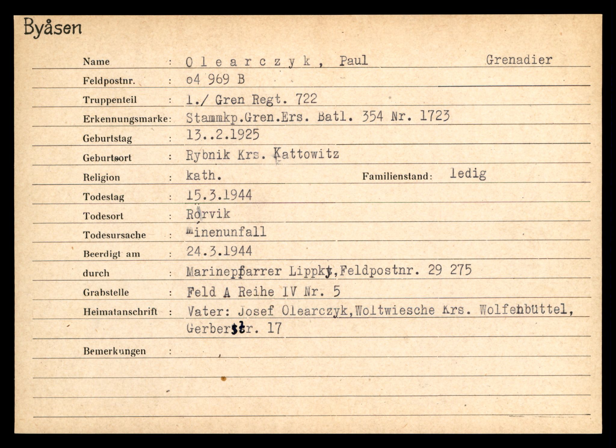 Distriktskontoret for krigsgraver, AV/SAT-A-5030/E/L0004: Kasett/kartotek over tysk Krigskirkegård på Byåsen, 1945, p. 1243