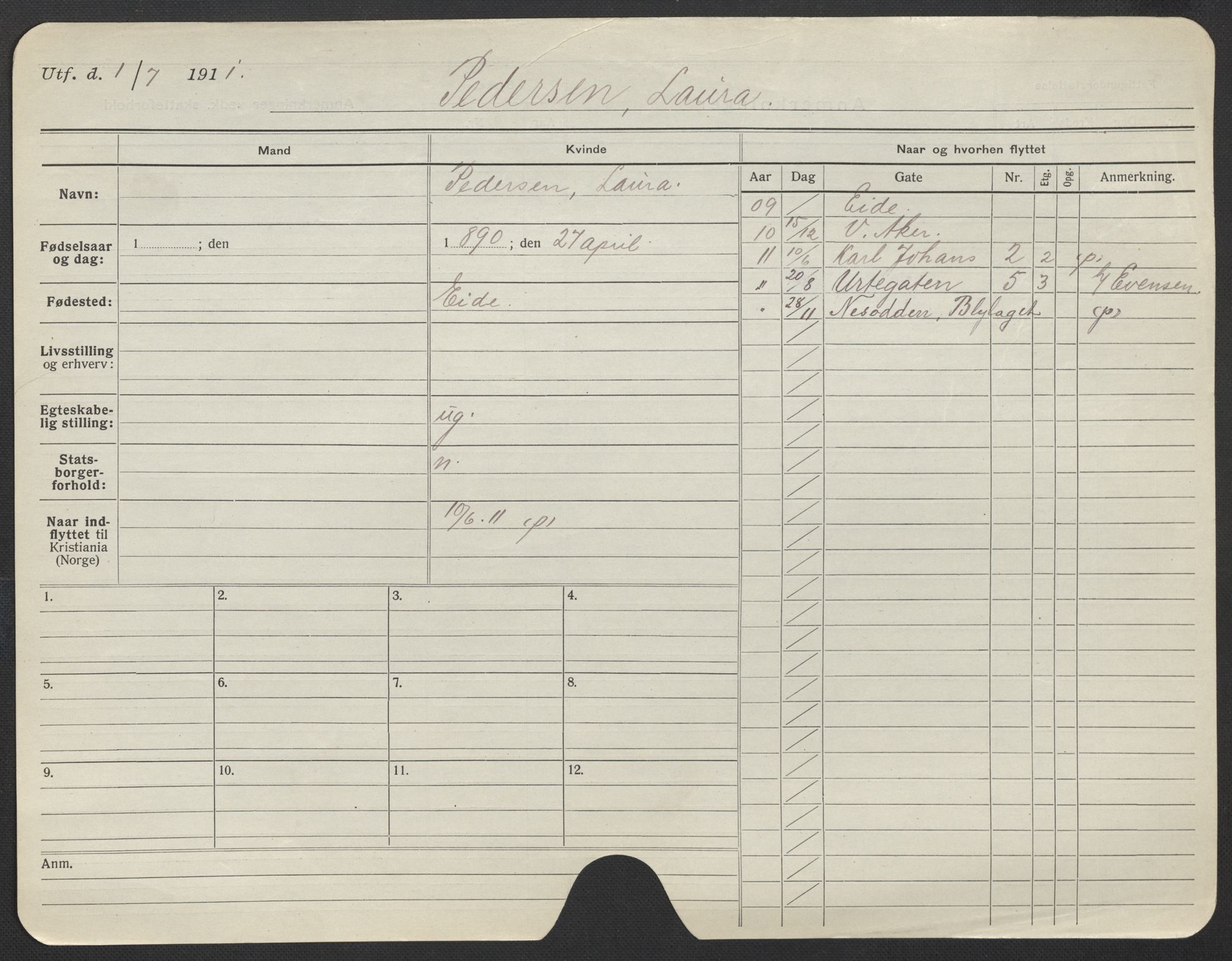 Oslo folkeregister, Registerkort, AV/SAO-A-11715/F/Fa/Fac/L0022: Kvinner, 1906-1914, p. 780a