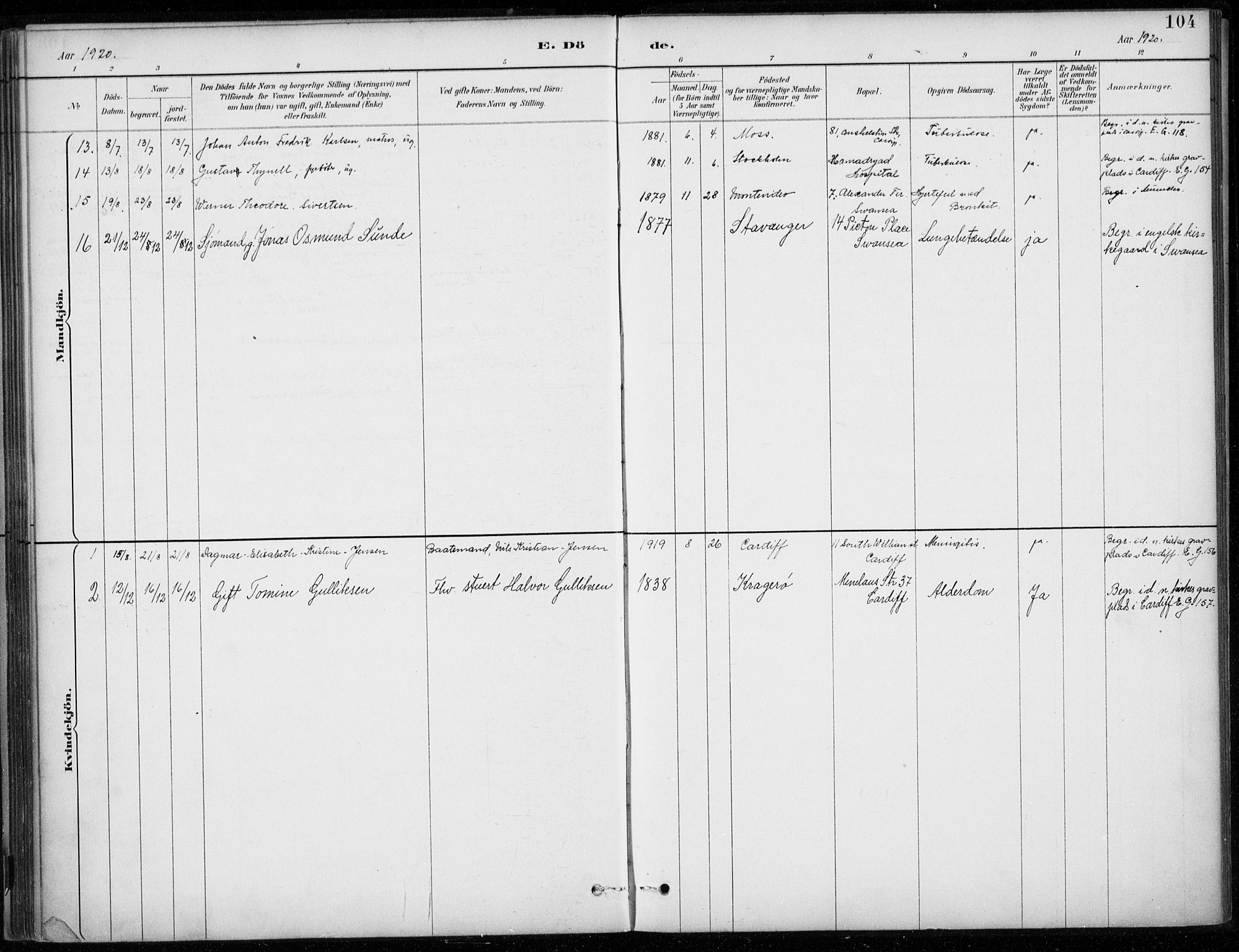 Den norske sjømannsmisjon i utlandet/Bristolhavnene(Cardiff-Swansea), SAB/SAB/PA-0102/H/Ha/Haa/L0002: Parish register (official) no. A 2, 1887-1932, p. 104