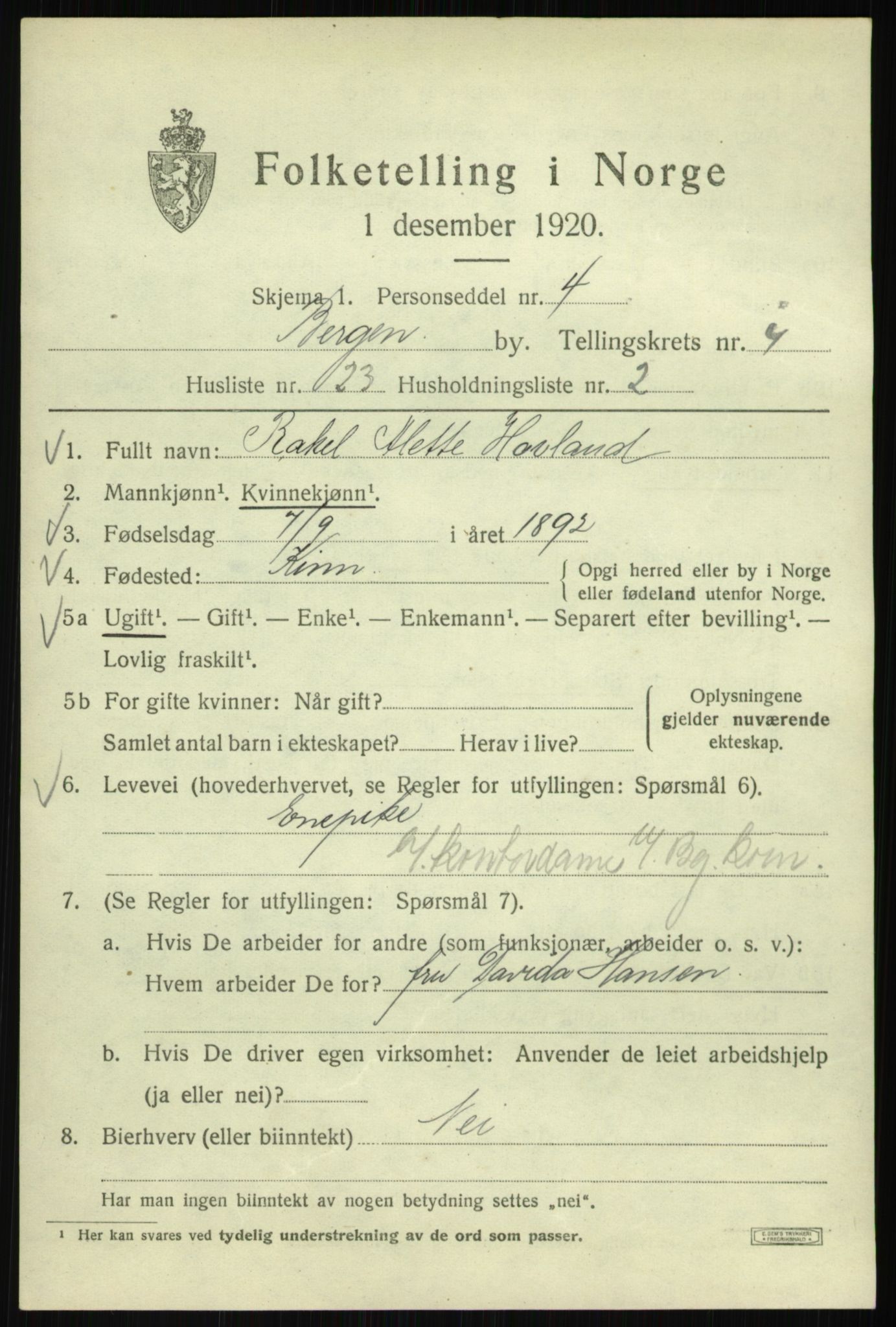 SAB, 1920 census for Bergen, 1920, p. 64350