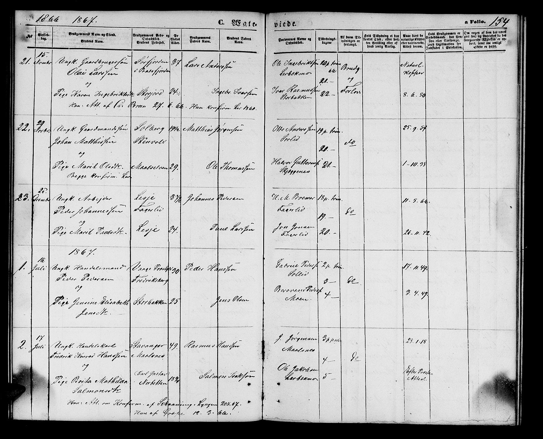 Målselv sokneprestembete, SATØ/S-1311/G/Ga/Gab/L0002klokker: Parish register (copy) no. 2, 1865-1873, p. 154