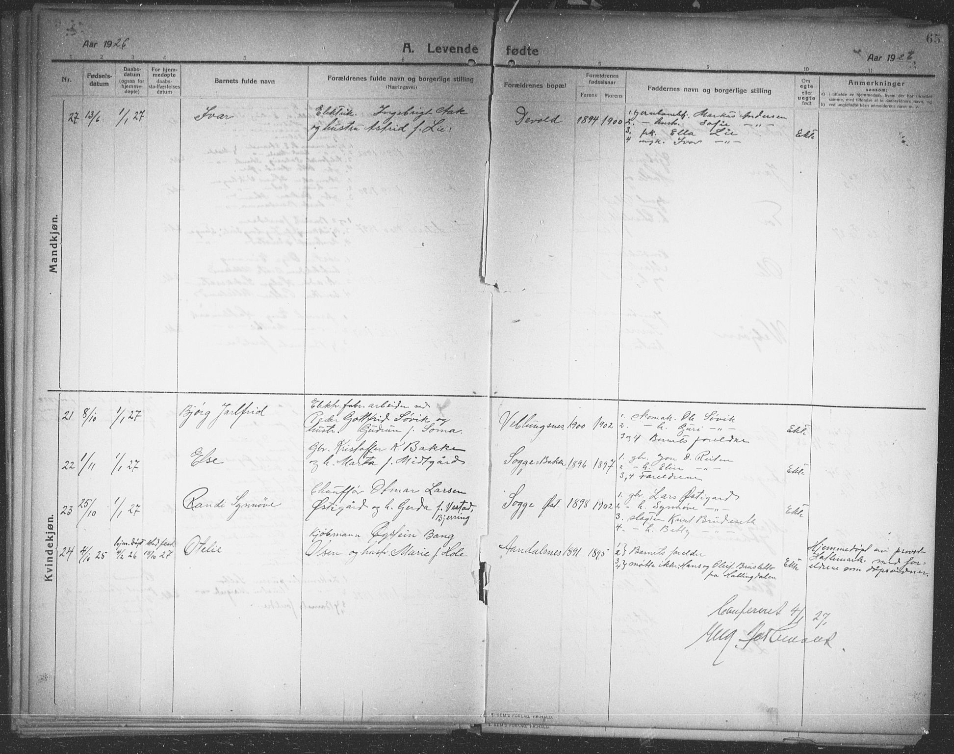 Ministerialprotokoller, klokkerbøker og fødselsregistre - Møre og Romsdal, AV/SAT-A-1454/544/L0581: Parish register (copy) no. 544C03, 1910-1937, p. 65