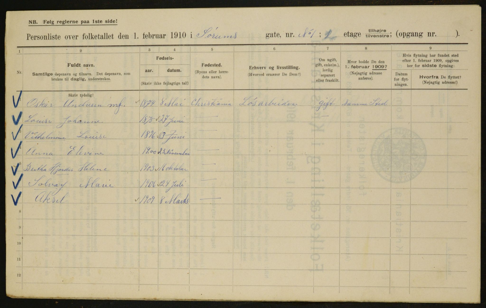 OBA, Municipal Census 1910 for Kristiania, 1910, p. 101500