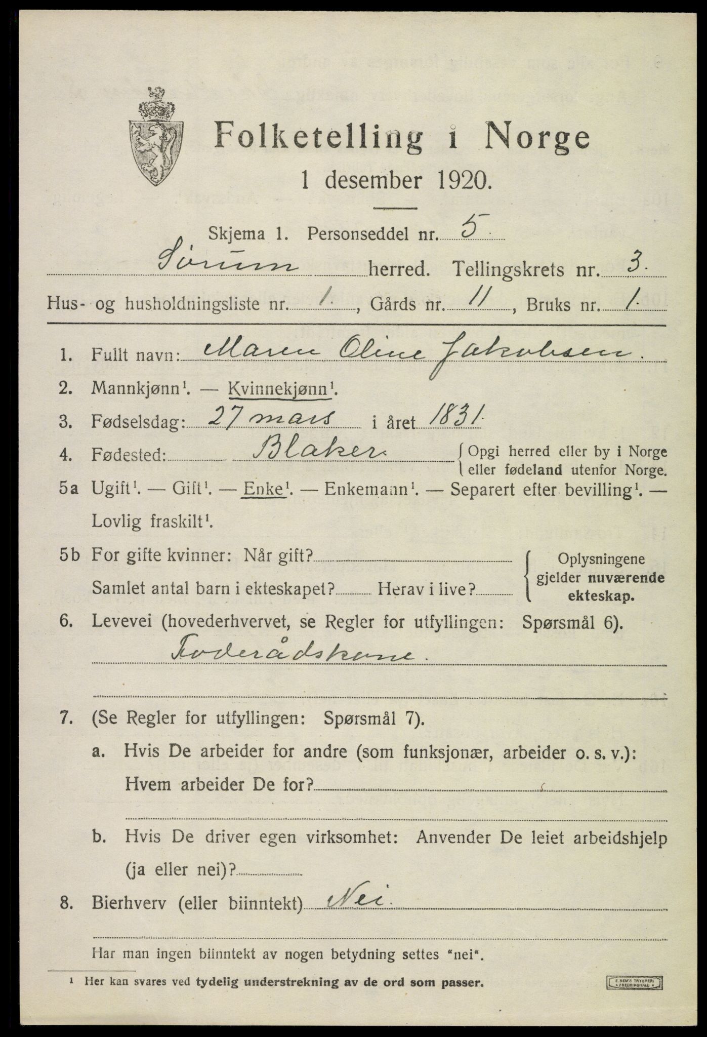 SAO, 1920 census for Sørum, 1920, p. 2201