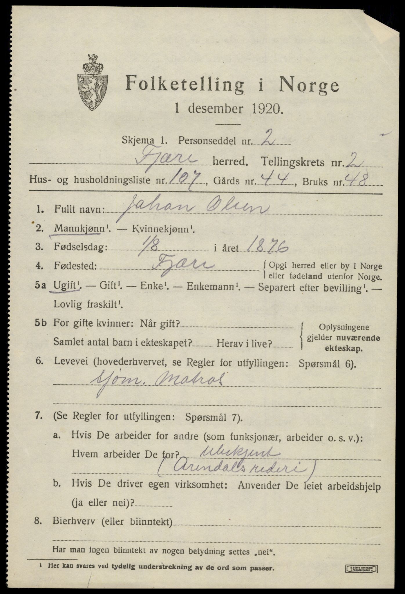 SAK, 1920 census for Fjære, 1920, p. 4525