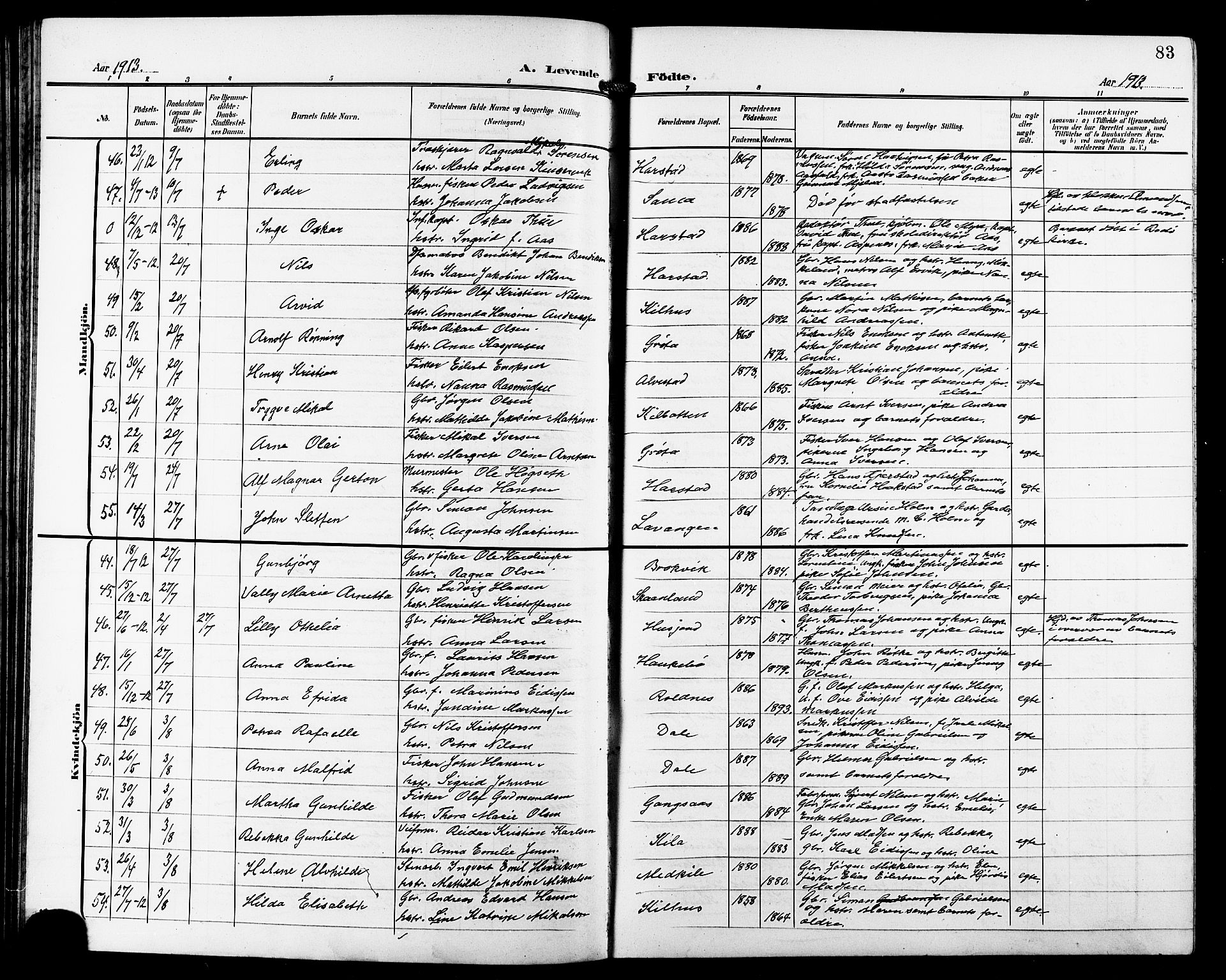 Trondenes sokneprestkontor, AV/SATØ-S-1319/H/Hb/L0012klokker: Parish register (copy) no. 12, 1907-1916, p. 83