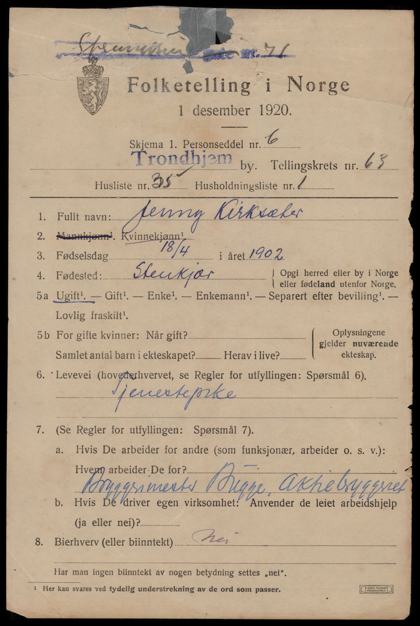 SAT, 1920 census for Trondheim, 1920, p. 127134