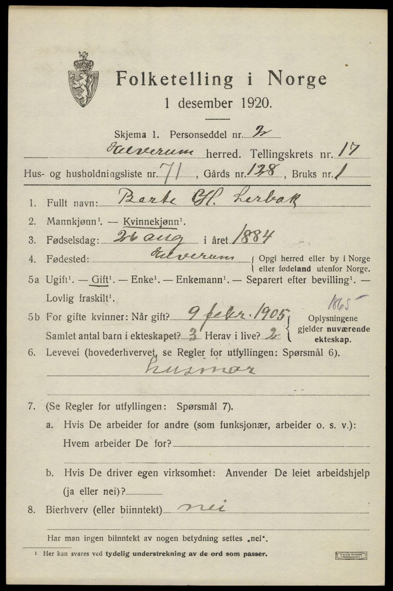 SAH, 1920 census for Elverum, 1920, p. 22078